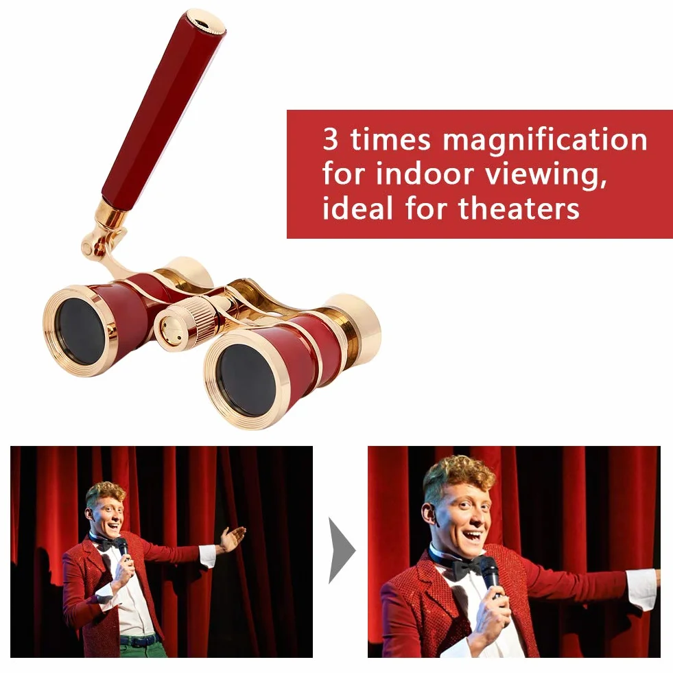 SYH&AQYE 3 X 25 mm Tragbares Opernfernglas, Opernbrille mit Zentralem Fokus und BAK 7 Prisma für Erwachsene, Kinder, Frauen in Der Konzerttheateroper(Rot)