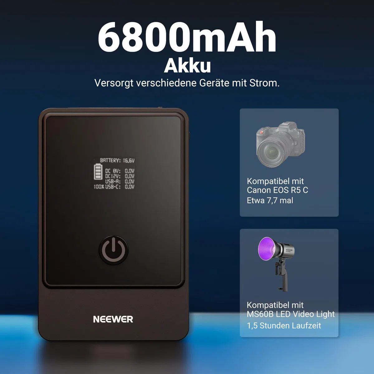 NEEWER Mini V Mount Battery, 6800mAh, 99Wh, 14,5V, Mini V Mount Akku mit 65W PD Typ C/D Tap/BP/USB A/Dual DC Anschluss/OLED Display V Lock Akku für Kamera, Camcorder, Monitor, Videoleuchte, PS099E