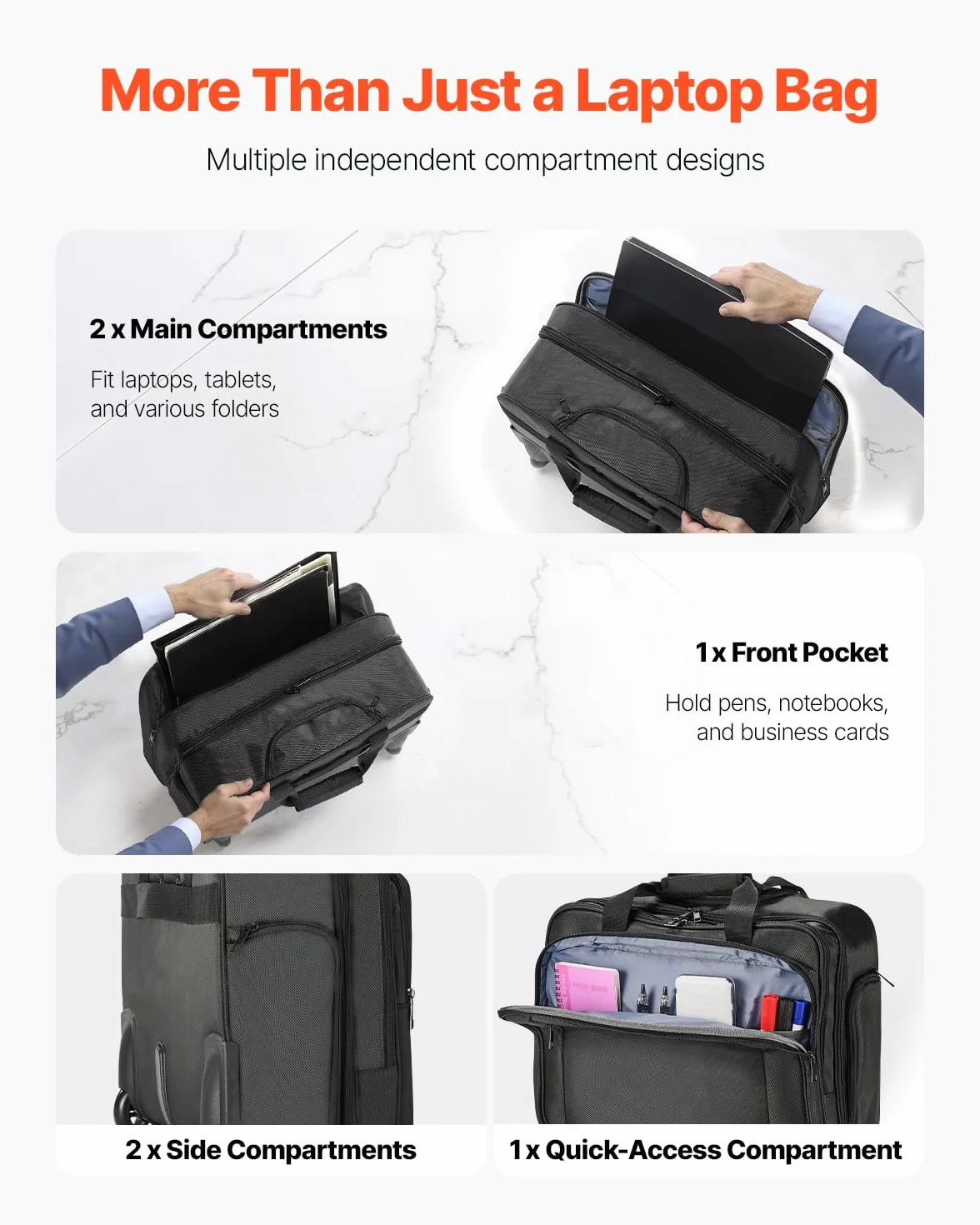 VEVOR Laptop Trolley, passend für Laptops bis zu 17,3 Zoll (44 cm), Aktenkoffer, Notebooktasche mit Rollen und Teleskopgriff, Laptoptasche für Arbeit, Reisen, Büro, 450x210x370 mm (Schwarz)