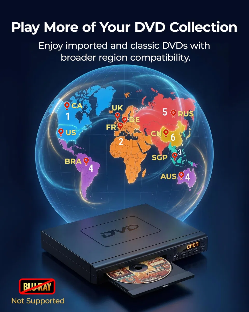 ELECTCOM PRO DVD Player für Fernseher (HD 1080P), Regionen Frei DVD Player Hdmi für Fernseher, HDMI und RCA in der Verpackung Enthalten, DVD-Spieler für Senioren