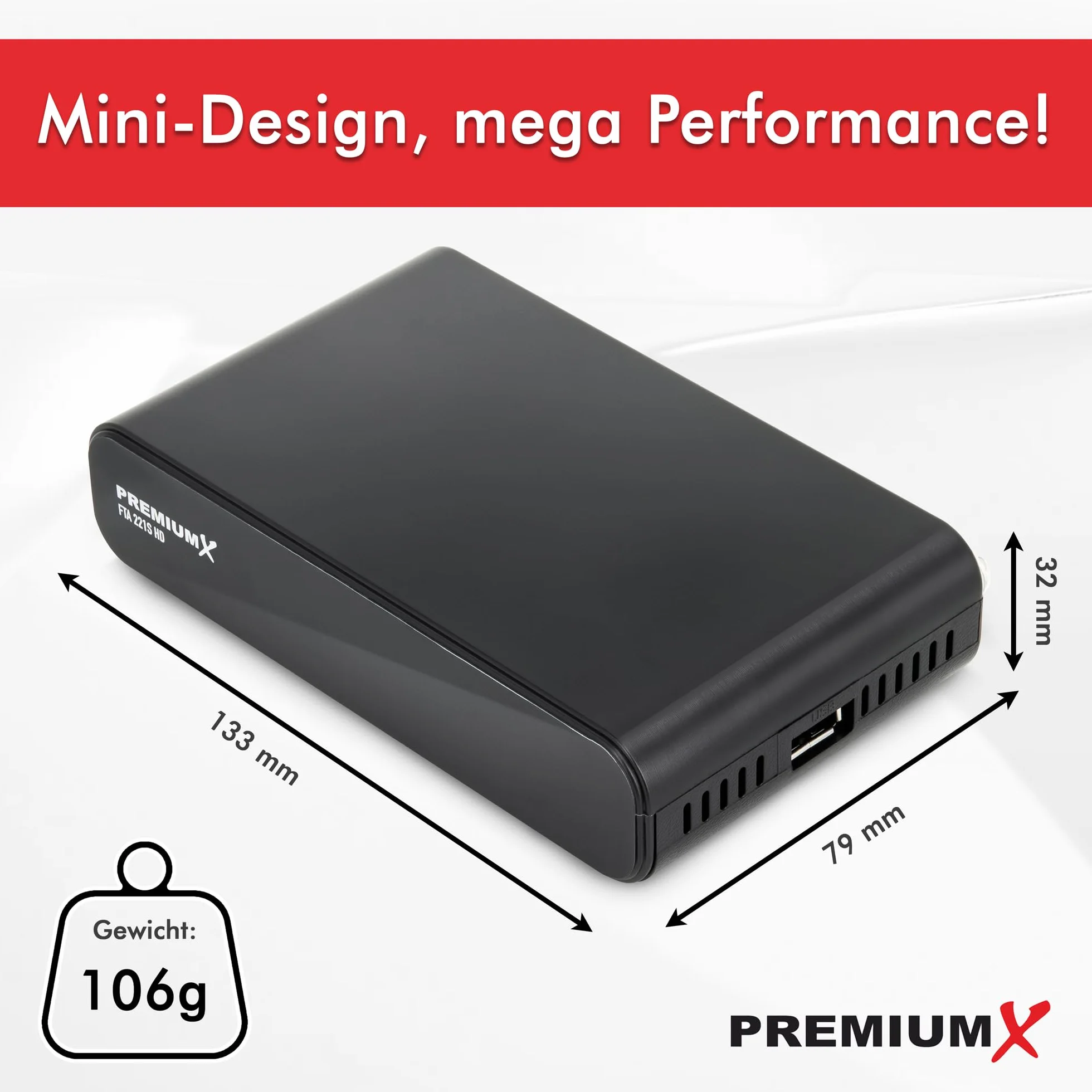 Premium X HD 221S Sat Receiver – DVB-S2 FTA Digital Satellitenreceiver, Unicable tauglich, HDMI & SCART, USB Media Player, kompakt, vorinstallierte deutsche Sender