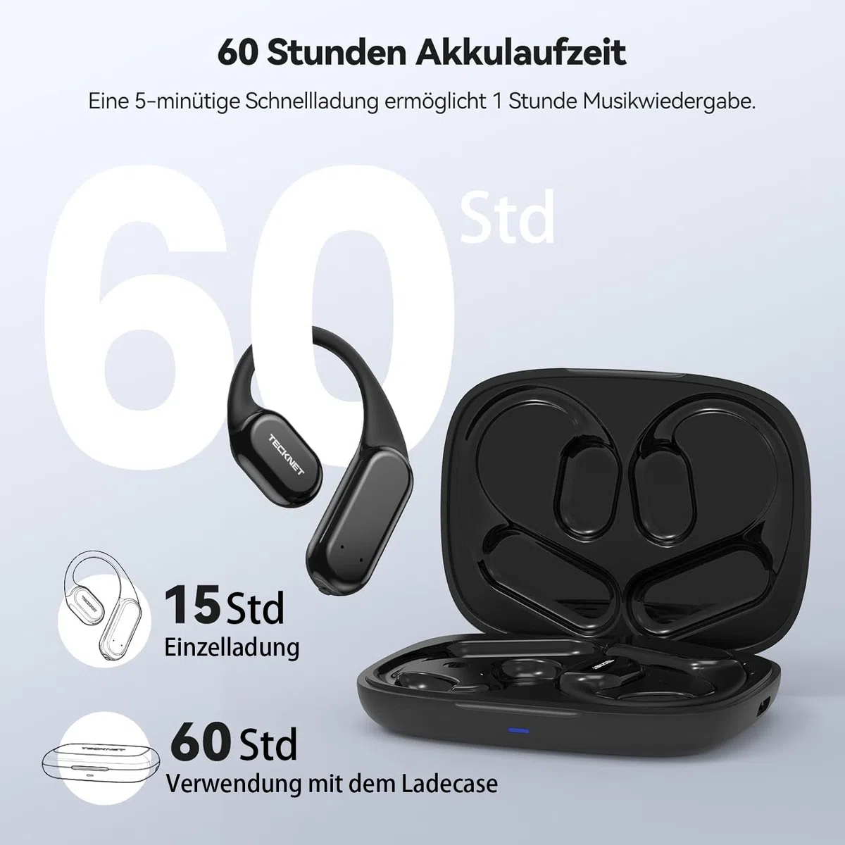 TECKNET Open-Ear Kopfhörer, Bluetooth Knochenschall Kopfhörer Kabellos, 60 Stunden Spielzeit und Schnellladung, IP68 Wasserdicht, Leicht Sport Kopfhörer Kabellose Mit Tragekoffer