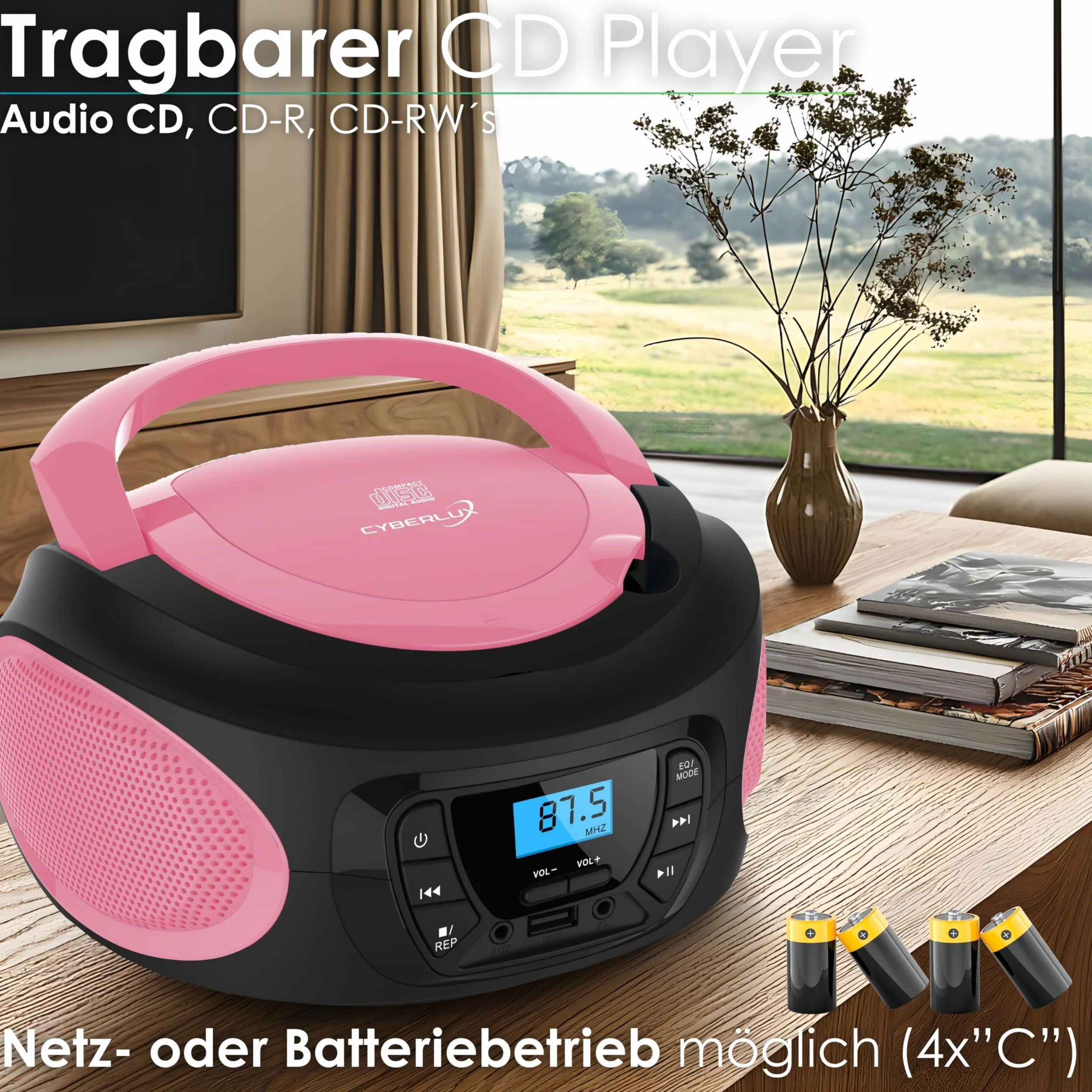 Cyberlux Tragbarer CD-Player, CD/CD-R, USB, UKW-Radio, AUX-In, Kopfhöreranschluss, Kinderradio, Boombox, CD-Radio, Stereo, Kompaktanlage, hübsches Rosa