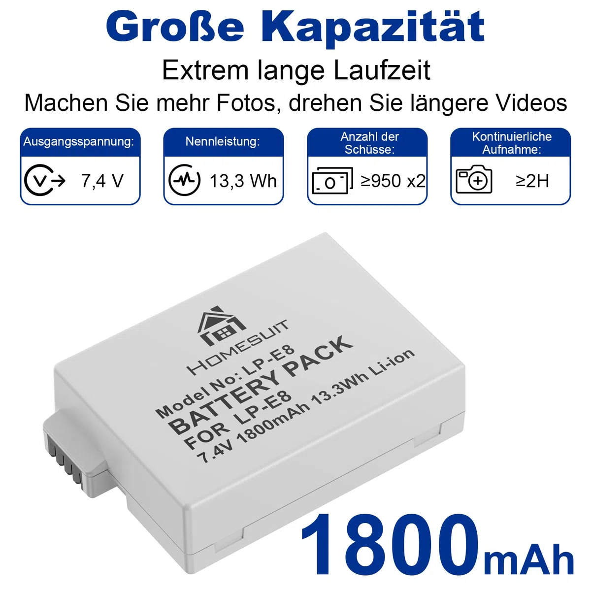 Homesuit LP-E8 Akku 1800mAh und LED USB Dual Ladegerät für Canon EOS Rebel T2i T3i T4i T5i EOS 550D 600D 650D 700D Kiss X4 X5 X6 X6i X7i Kamera (2er-Pack)