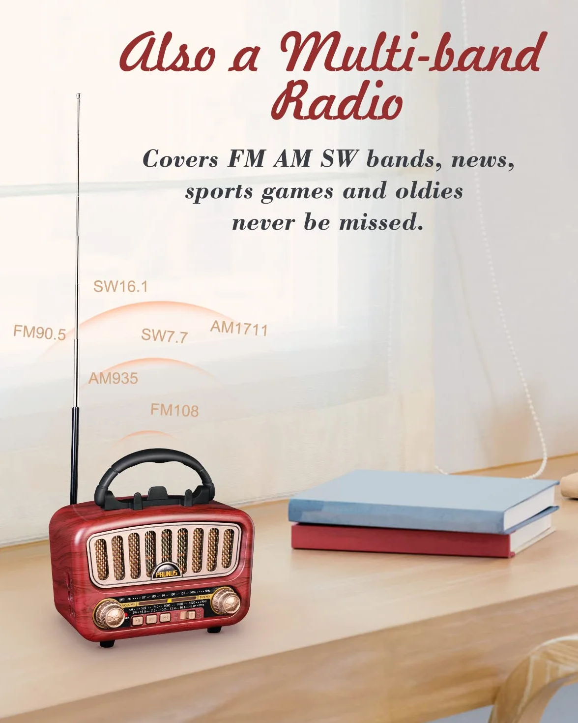 PRUNUS J-180 AM/FM/SW Retro Radio mit Bluetooth 5.0, Nostalgie Radio Klein mit 1800mAh Akku, Unterstützt USB/TF/AUX Funktion, mit großem 5-W-Lautsprecher, Kofferradio Küchenradio für Büro Zuhause.