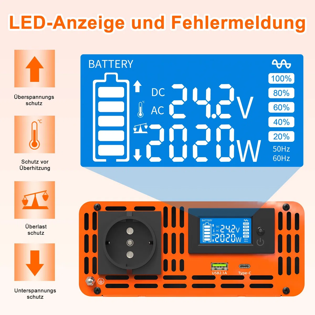 DATOUBOSS Wechselrichter 24V DC auf 230V AC Reiner Sinus 2000W/4000W, Spannungswandler 24V 230V LCD-Display und 1x USB + 1x Type-c Spannungswandler Reiner Sinus Inverter Pure Sine Wave