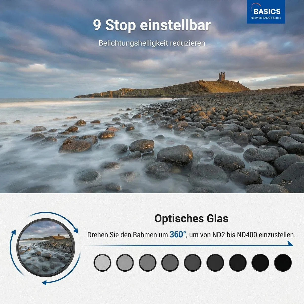 NEEWER BASICS 55mm variabler ND Filter, ND2-400 1-9 Stops Lichtreduzierung, drehbarer variabler Graufilter Neutraldichtefilter mit Anti Fingerabdruck Beschichtung, schlanker Rahmen für Kameraobjektive