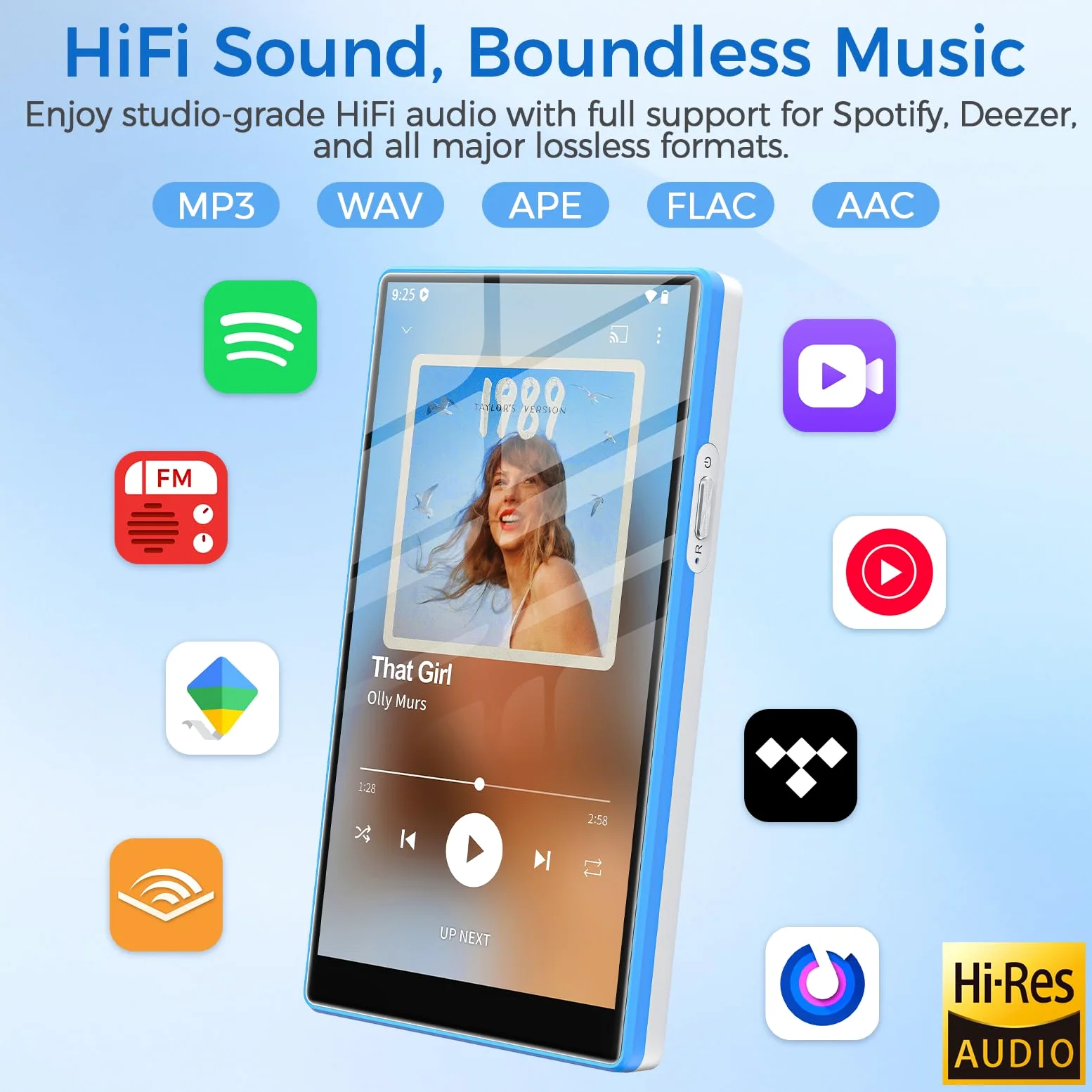 MP3 Player Spotify mit Bluetooth & WLAN, AGXOV 5 Zoll Touchscreen MP4 Musik Player Android 13 mit Integriertem Spotify, Deezer, FM-Radio, Sprachrecorder, Blau und Weiß