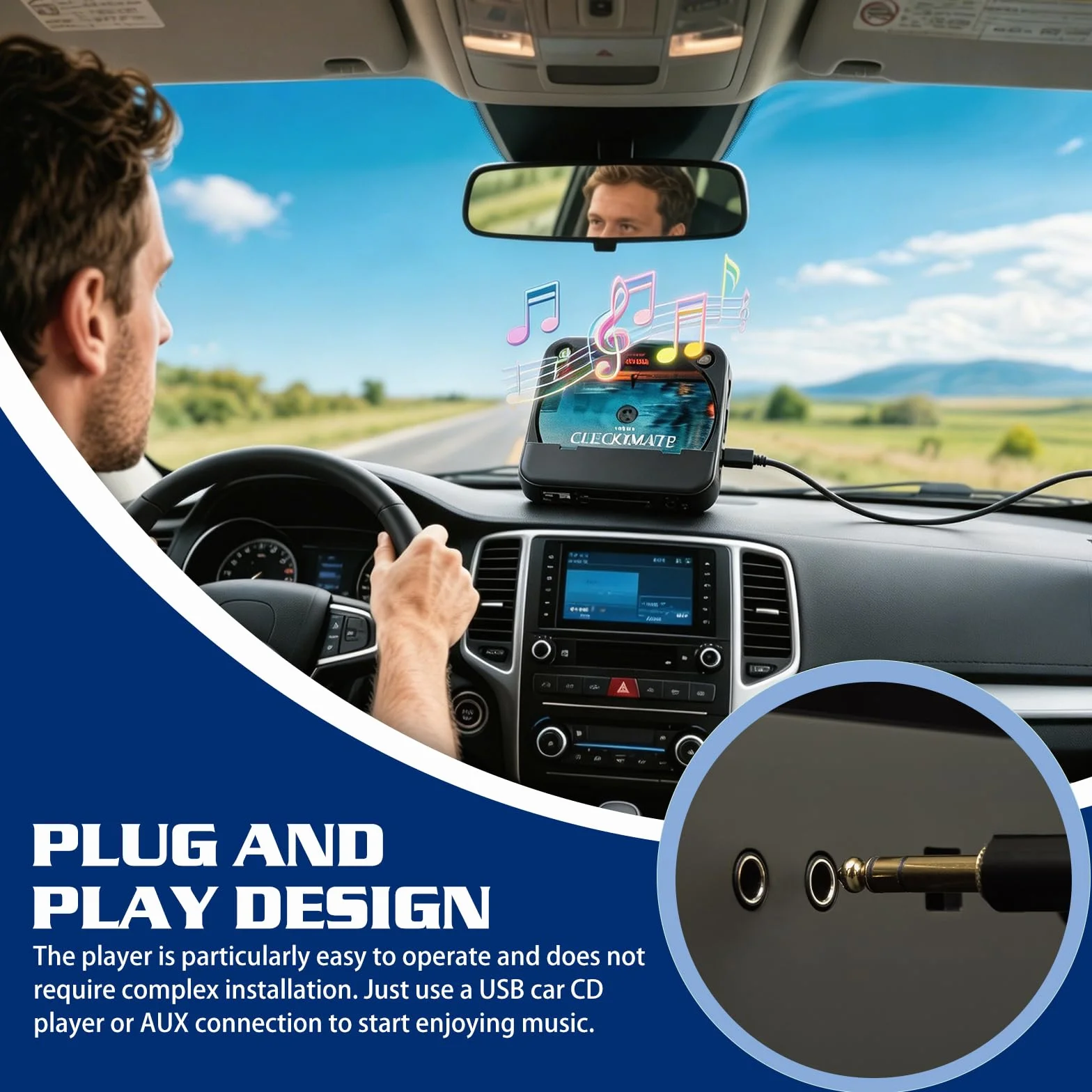 CD Player für Auto mit USB/AUX-Anschluss, Universal Auto CD-Player Externer CD Laufwerk, kompatibel mit AutoRadio, CD-Spieler für Fahrzeuge, Laptop, PC, Fernseher, mit AUX-Kabel, Schwarz