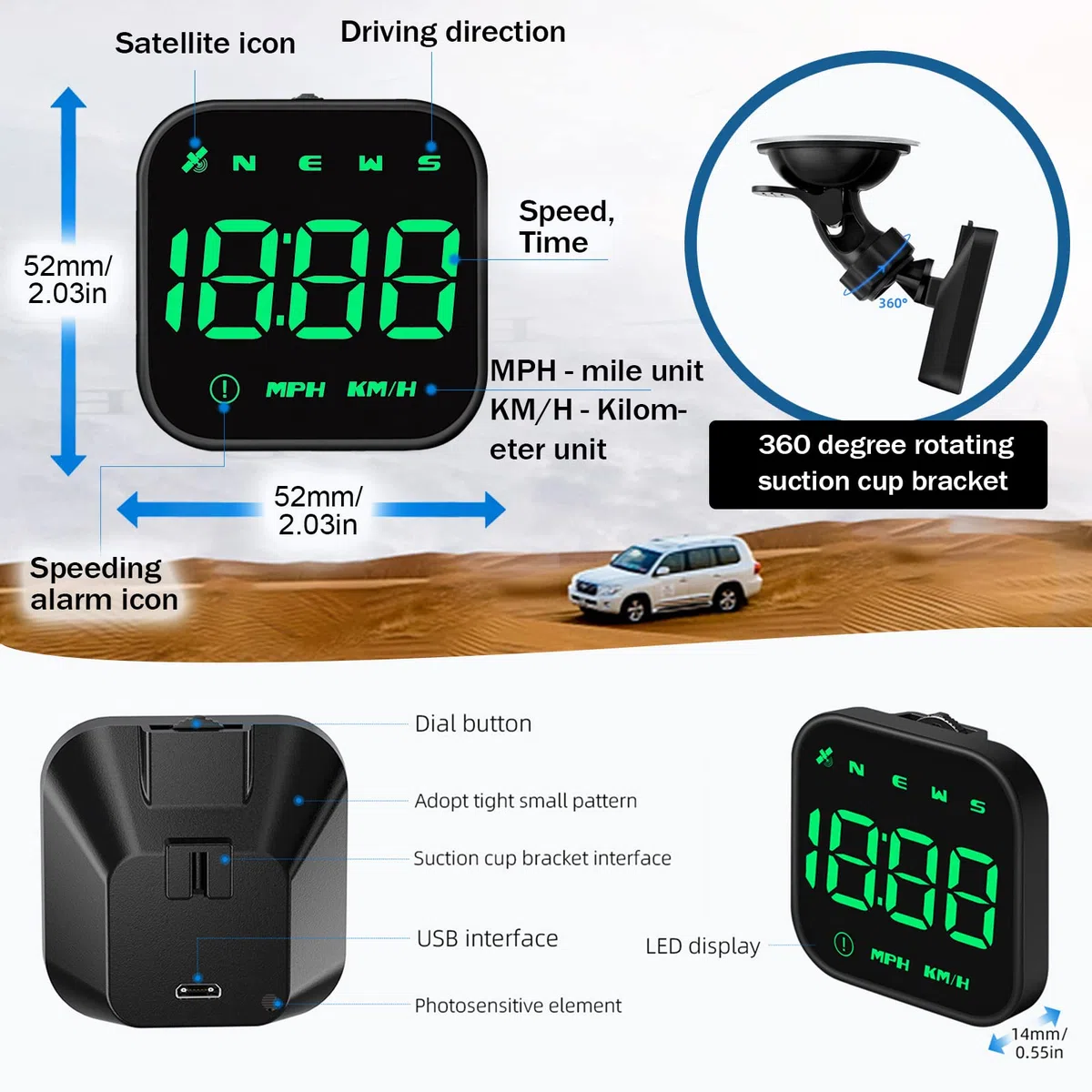 Head Up Display Auto HUD Display KMH MPH GPS Smart Tachometer, iKiKin 2.0'' LCD Bildschirm Head Up Display mit Übergeschwindigkeitsalarm Ermüdungswarnung, Navigationskompass für alle Fahrzeuge（Grün）