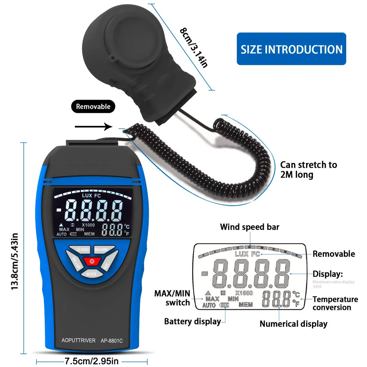 AP-8801C Digital Lux Meter 0.1~400,000Lux Beleuchtungsmessgerät Lux Messgerät Beleuchtungsstärke Lichtmesser mit Ausziehbarem Lichtdetektor bis zu 2 Metern, Daten Halten, Lux/FC-Auswahl - Blau