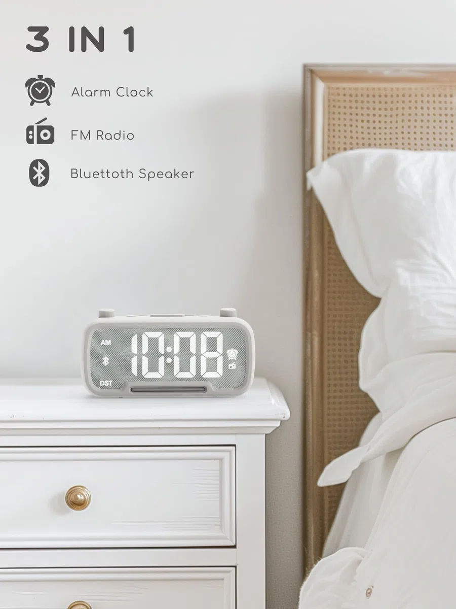 ROCAM Digitaler Radiowecker für das Schlafzimmer, mit warmem Nachtlicht und Bluetooth, Wecker Digital mit Einstellbarer Helligkeit, Schlummer, FM-Radio, Sleep-Timer, USB-A- und Typ-C-Ladeanschluss