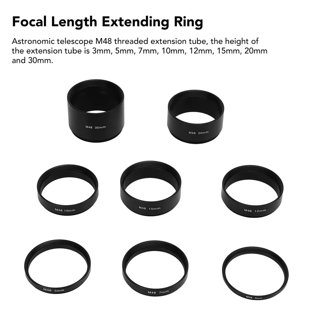 8 PCS M48x0.75 Brennweiten-Verlängerungsrohr-Set, 3 5 7 10 12 15 20 30mm Teleskopverlängerung Zubehör für Astronomische Teleskop Fotografie