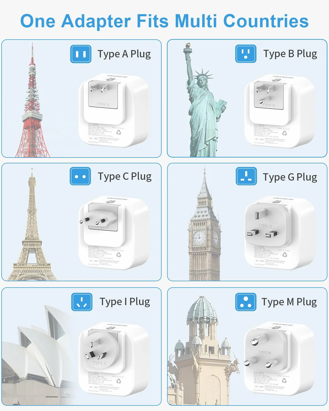 Reiseadapter Weltweit, Universal Reisestecker mit 2 USB A und 2 USB C, 6 Abnehmbare Internationale steckdosenadapter für USA UK EU AUS Japan Südafrika (6 Plug)