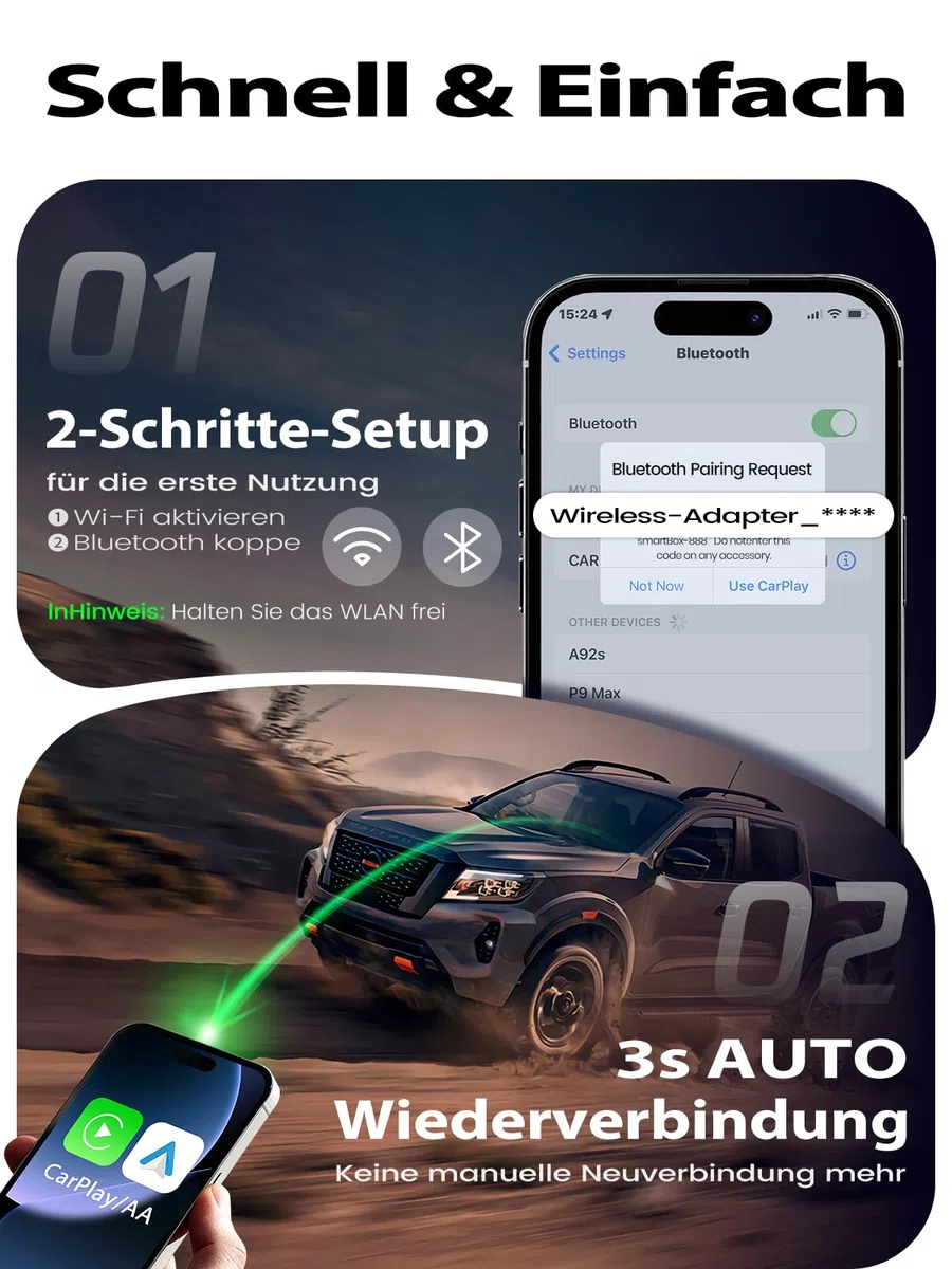 Versteckter CarPlay Wireless Adapter, 1-Tasten-Wechsel für 2 Phones, Kompatibel mit Apple CarPlay & Android Auto für Auto GPS Navigatio, Stabil, Geringe Latenz, iOS 10+ & Android 10+, Metall USB-A/C