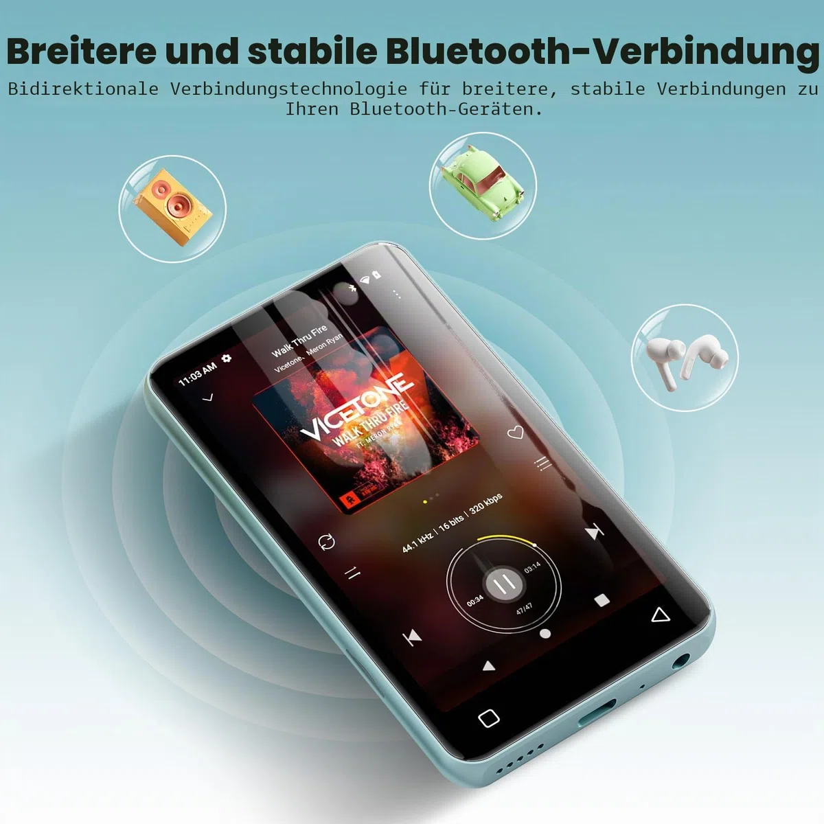 160GB MP3 Player mit Bluetooth und WiFi, innioasis Musik Player mit Spotify, Amazon Music, 4" Touchscreen Android MP4 MP3 Player für Kinder, Audible, Spotify Kinder Hellblau-Weiß