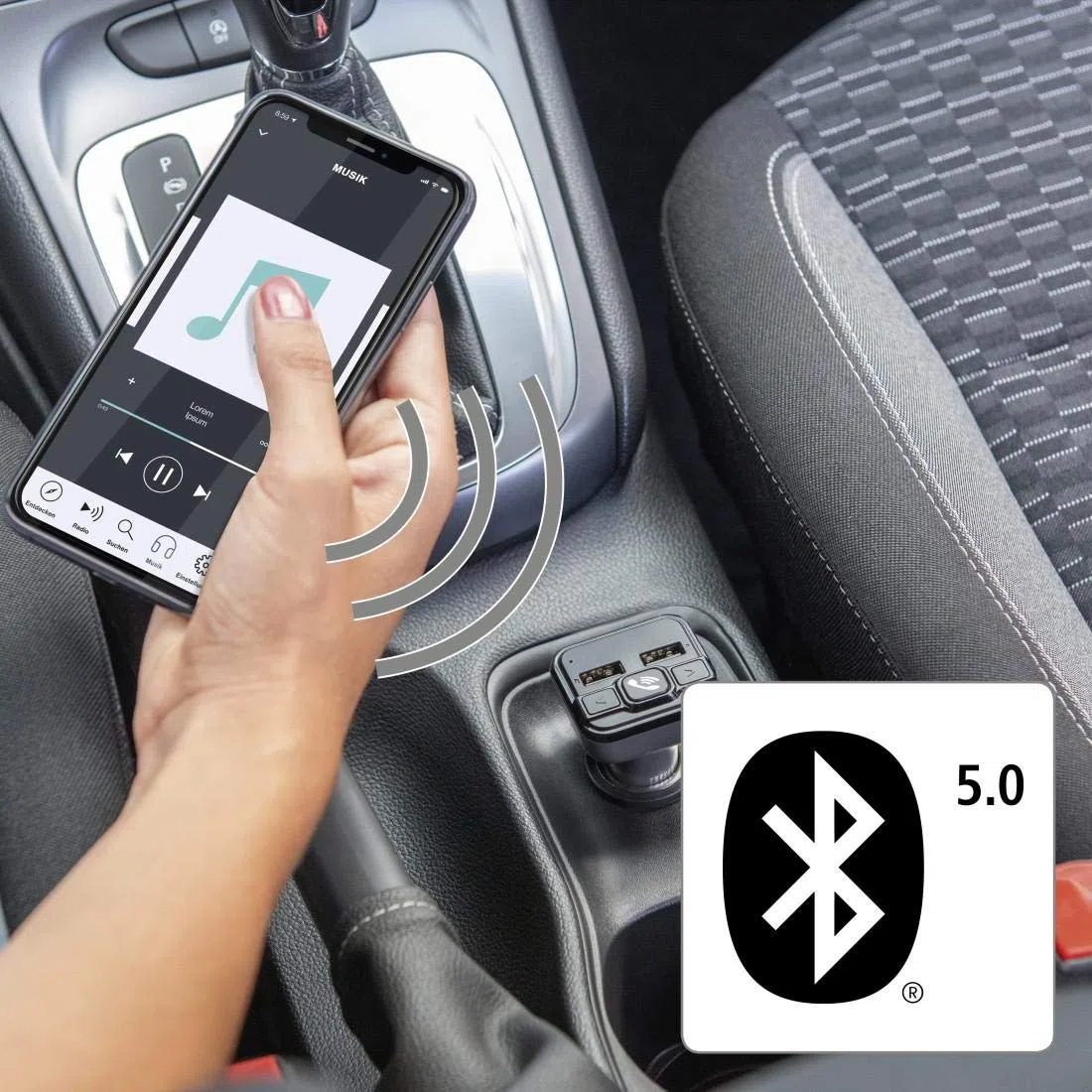 Hama Bluetooth FM Transmitter fürs Autoradio mit Kfz Ladegerät, Freisprecheinrichtung (Auto Adapter für Zigarettenanzünder Buchse mit Anschlüssen für microSD, USB Stick und QC 3.0 zum Laden) Silber