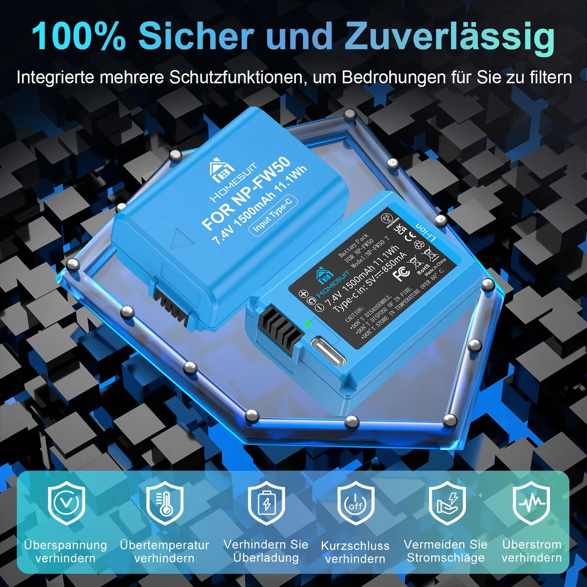 Homesuit NP-FW50 Akku 1500mAh & 2-in-1 Typ-C Ladekabel für Sony A6500 A6400 A6300 A6000 A5000 A5100 zv-e10 A7 A7II A7R A7RII A7SII A7S A7R A7R2 A55 RX10 RX10II NEX-3/5/7 Kamera (2er-Pack)