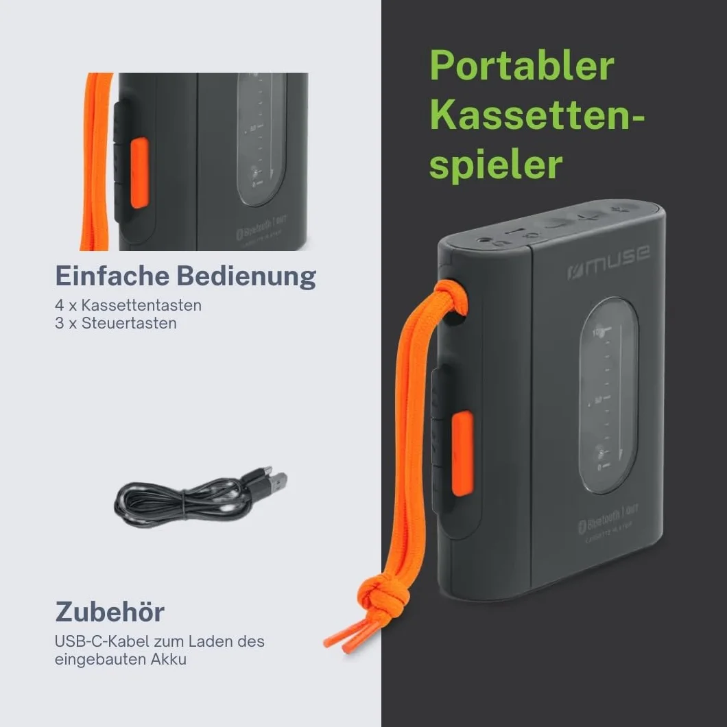 Muse Kassettenspieler - Tragbarer Kassettenspieler mit Kopfhöreranschluss und Bluetooth | Schnelles Aufladen per USB-C - Schickes Design | Schwarz