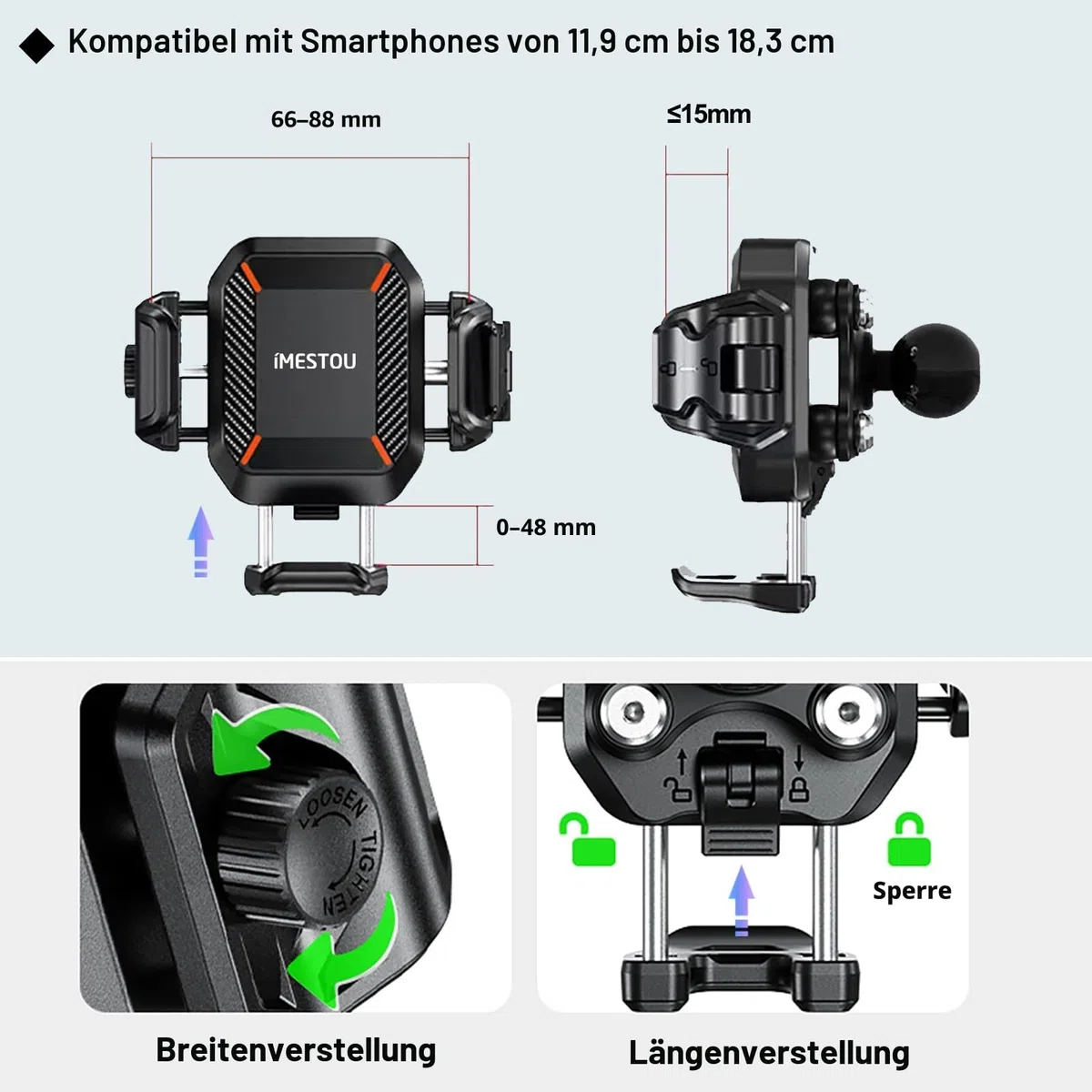 iMESTOU Kabellose USB-C Handyhalterung für Motorrad, Vibrationsdämpfend und Wasserdicht, 2,5 cm Kugel Qi Handyhalterung, Geeignet für 4,7"-7,2" mit max. 15mm Dicke Handys, Passend für 22–32 mm Lenker