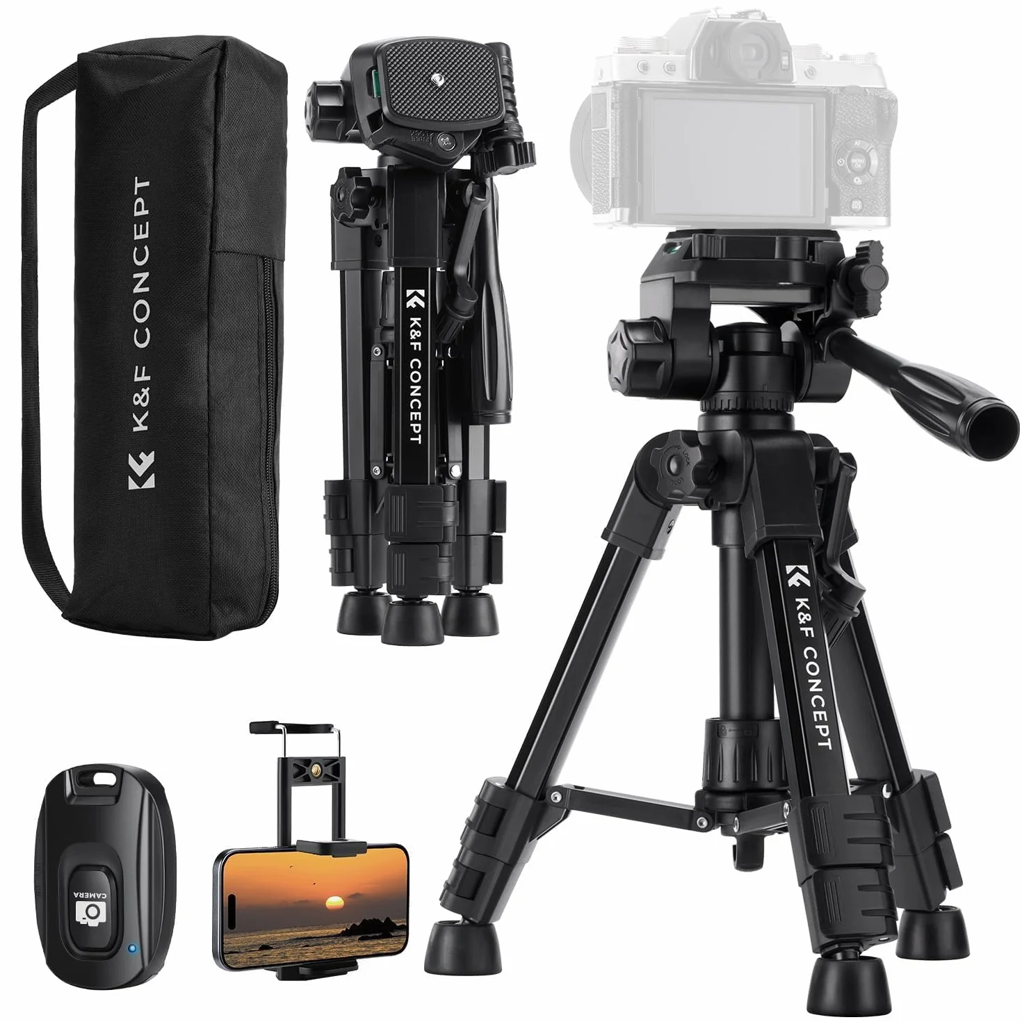 K&F CONCEPT Mini Tischkamerastativ, S233A0 63cm Kamera Stativ mit Fernbedienung, klein und tragbar für DSLR-Kameras, Camcorder, Smartphone, Projektoren und Teleskope | Tragbares Aluminium-Stativ für DSLR-Kameras, leichtes Video-Stativ für Reisen. Maximale