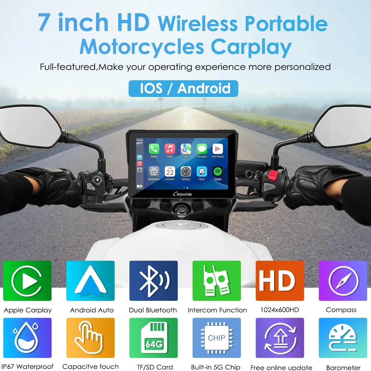 Carpuride W702 Pro Motorrad Carplay Bildschirm mit Gegensprechfunktion, Kabellos CarPlay und Android Auto, Tragbarem Wasserdichtem 7 Zoll Touchscreen, Verbessertem Dual Bluetooth, Navigation, Kompass.