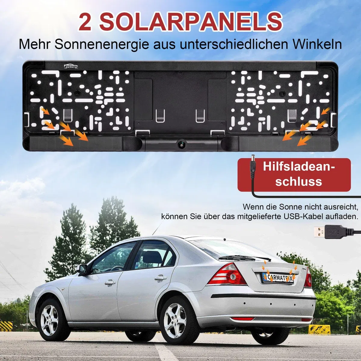 Funk Solar Auto Rückfahrkamera solarbetrieben im Nummernschild mit 4,3 Zoll Monitor Rückfahrsystem Solarpanel kabellos Digital
