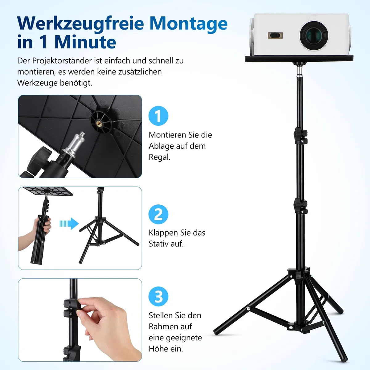 SOIMISS Beamer Ständer, Multifunktionaler Beamer Stativ mit Klappbar, Verstellbarer Höhe Von 40cm Bis 110cm, Projektor Halterung mit Klein Tablett, Laptop Ständer Tragbarer Projektorständer für Kamer