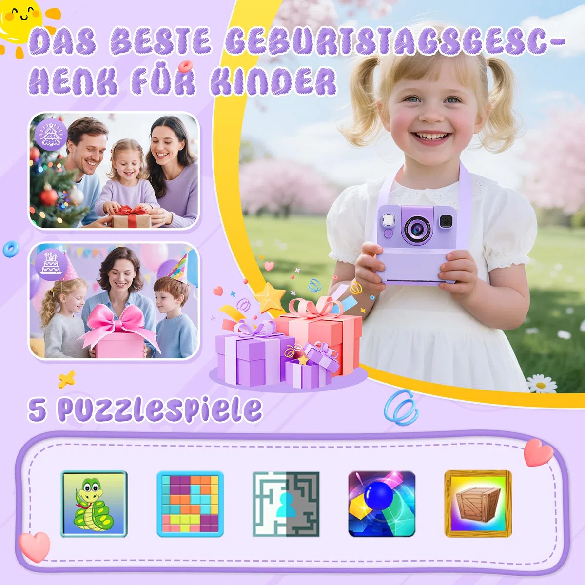 Kinderkamera, Sofortdruck-Spielzeug für Teenager-Mädchen: Flip-Up-Kameras, Geschenk für Mädchen im Alter von 3–16 Jahren (für Weihnachten oder Geburtstag), 1080P HD-Digitalvideo-Sofortdruckkameras mit