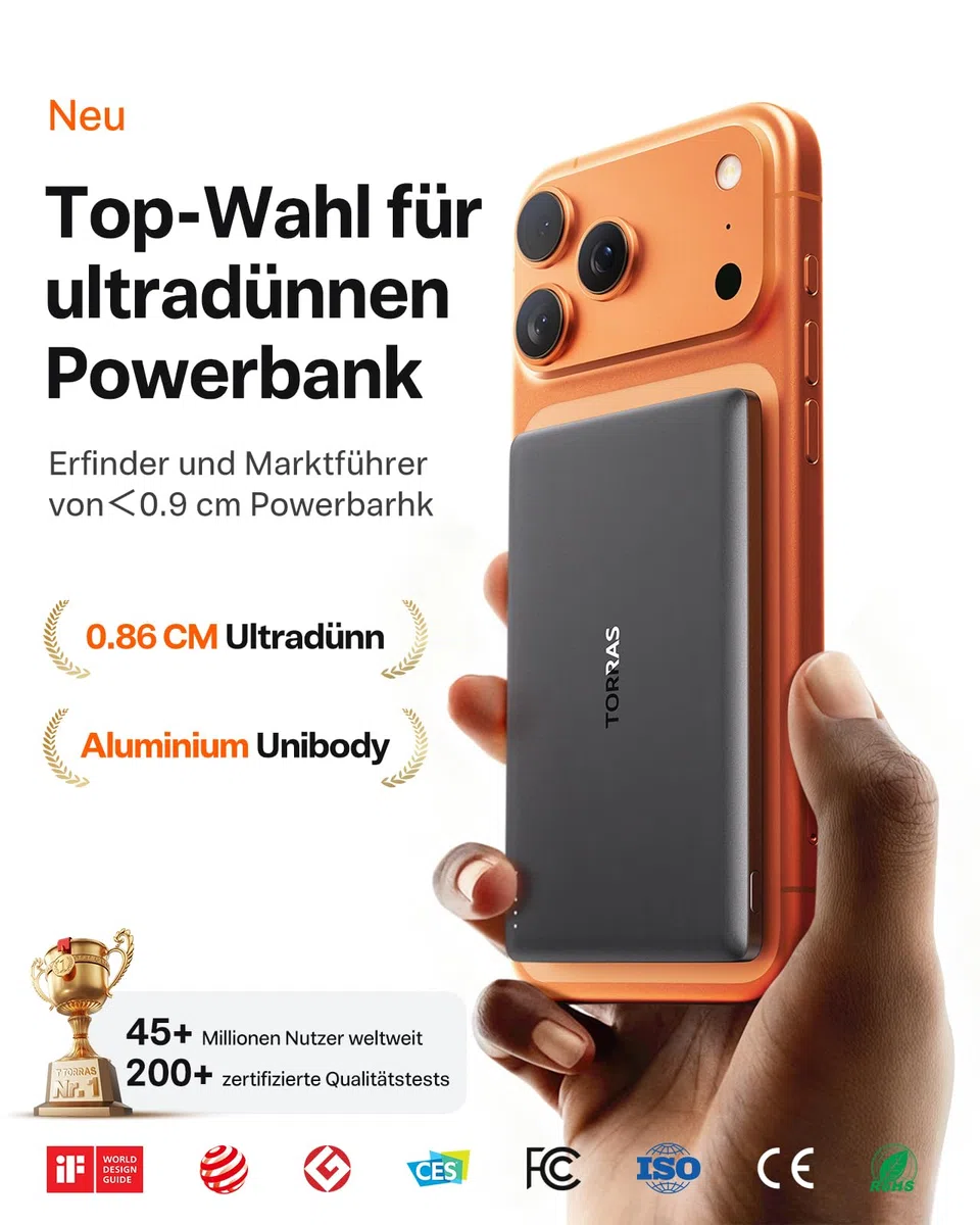 TORRAS MiniMag Ultra Slim Powerbank für Magsafe, 18W Schnellladen 5000mAh Magnetische Powerbank Klein, Wireless Externe Akkupack mit USB-C-Kabel für iPhone 17 Pro Max/Air/16/15/14/13/12, Grau Titan.