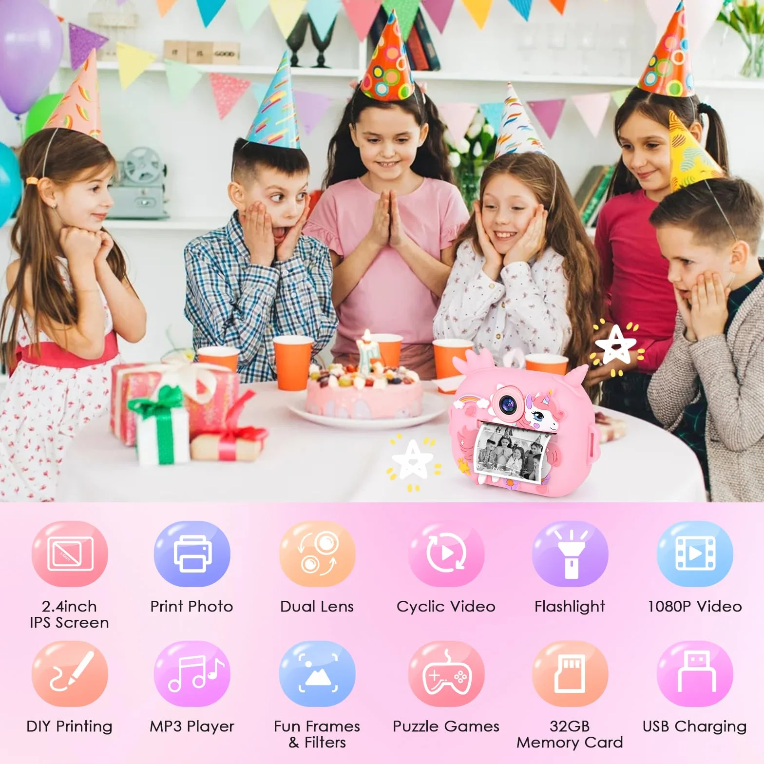 Sofortbildkamera, 2,4 Zoll (6,1 cm) Display, Digitalkamera für Kinder, Videokamera mit Druckpapier und Karte 32 GB farbige Stifte, Weihnachten, Geburtstag, Geschenk für Kinder 3 – 10 Jahre (Rosa)