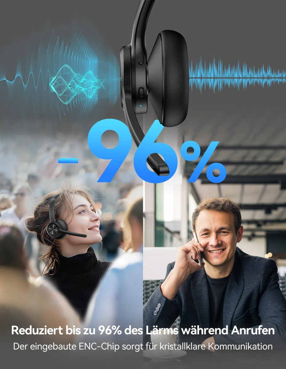 TECKNET V5.2 Bluetooth Headset mit Mikrofon, Wireless Headset mit Noise Cancelling und Stummschaltung Mikrofon, Wiederaufladbar On-Ear Kopfhörer kabellos für Trucker/Callcenter/Büro - 50+ Std. Akku