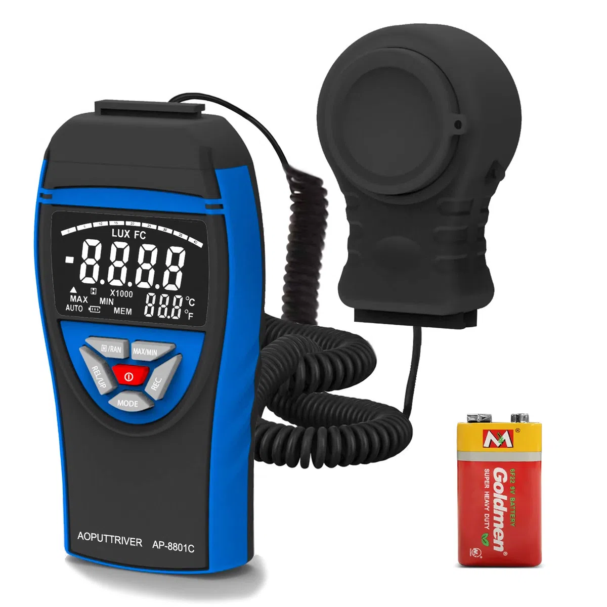 AP-8801C Digital Lux Meter 0.1~400,000Lux Beleuchtungsmessgerät Lux Messgerät Beleuchtungsstärke Lichtmesser mit Ausziehbarem Lichtdetektor bis zu 2 Metern, Daten Halten, Lux/FC-Auswahl - Blau