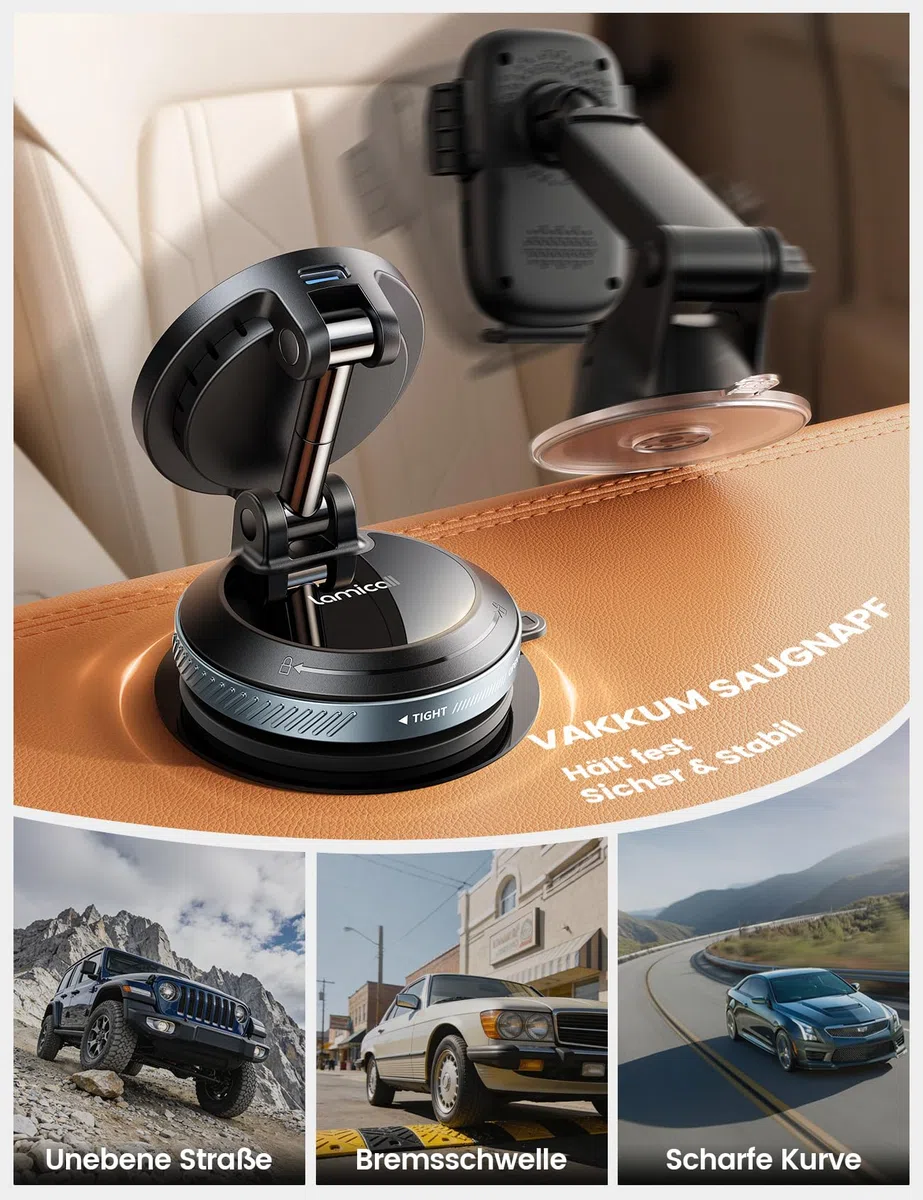 Lamicall 15W für MagSafe Autohalterung mit Ladefunktion - [TOP Vakuum] Magnetische Handyhalterung Auto Saugnapf für Armaturenbrett & Windschutzscheibe, Magnet Handy Halterung Auto Ladegrät für iPhone