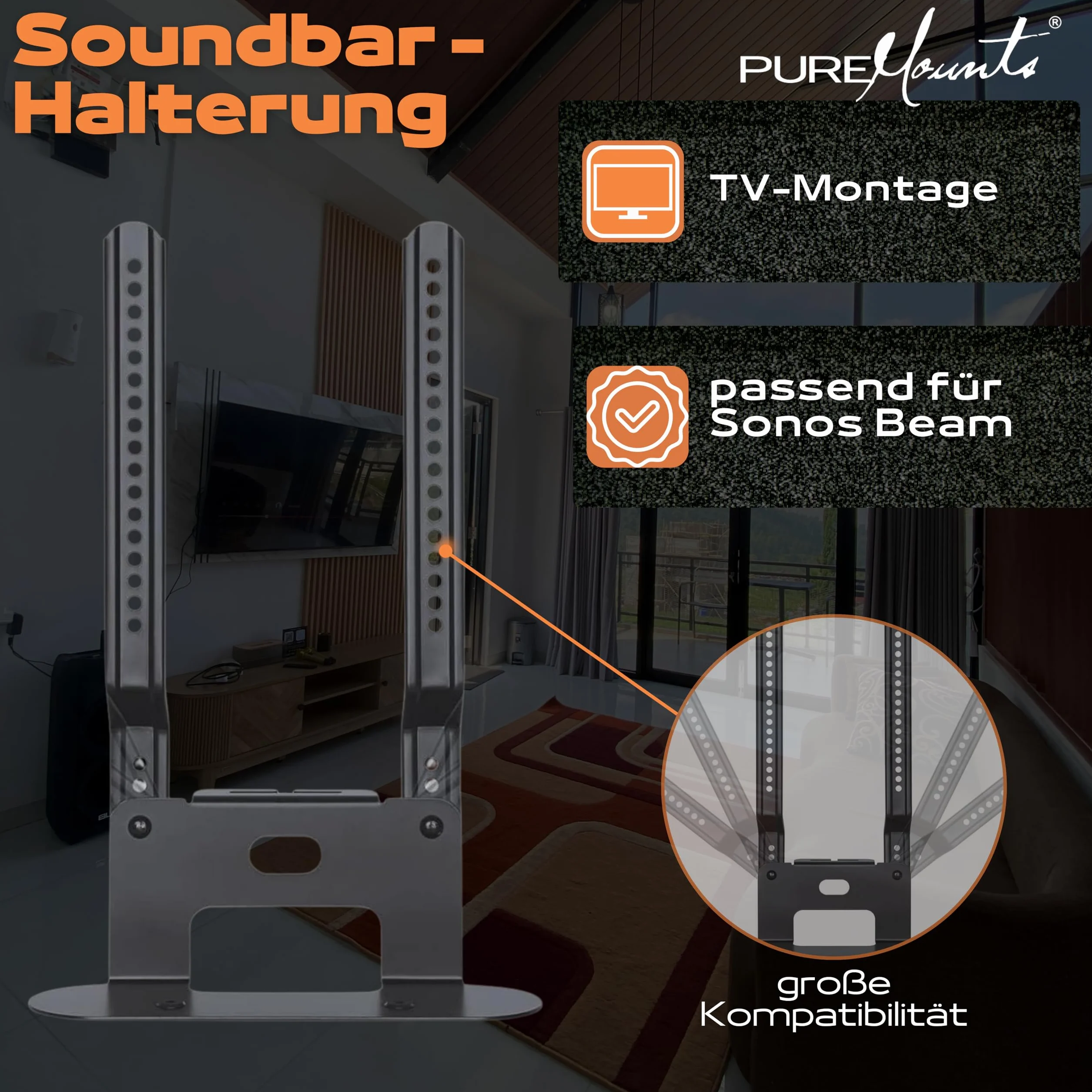 PureMounts PM-SOM-080 Halterung zur direkten Montage am TV, kompatibel mit SONOS BEAM Soundbar, Traglast: 5kg, schwarz