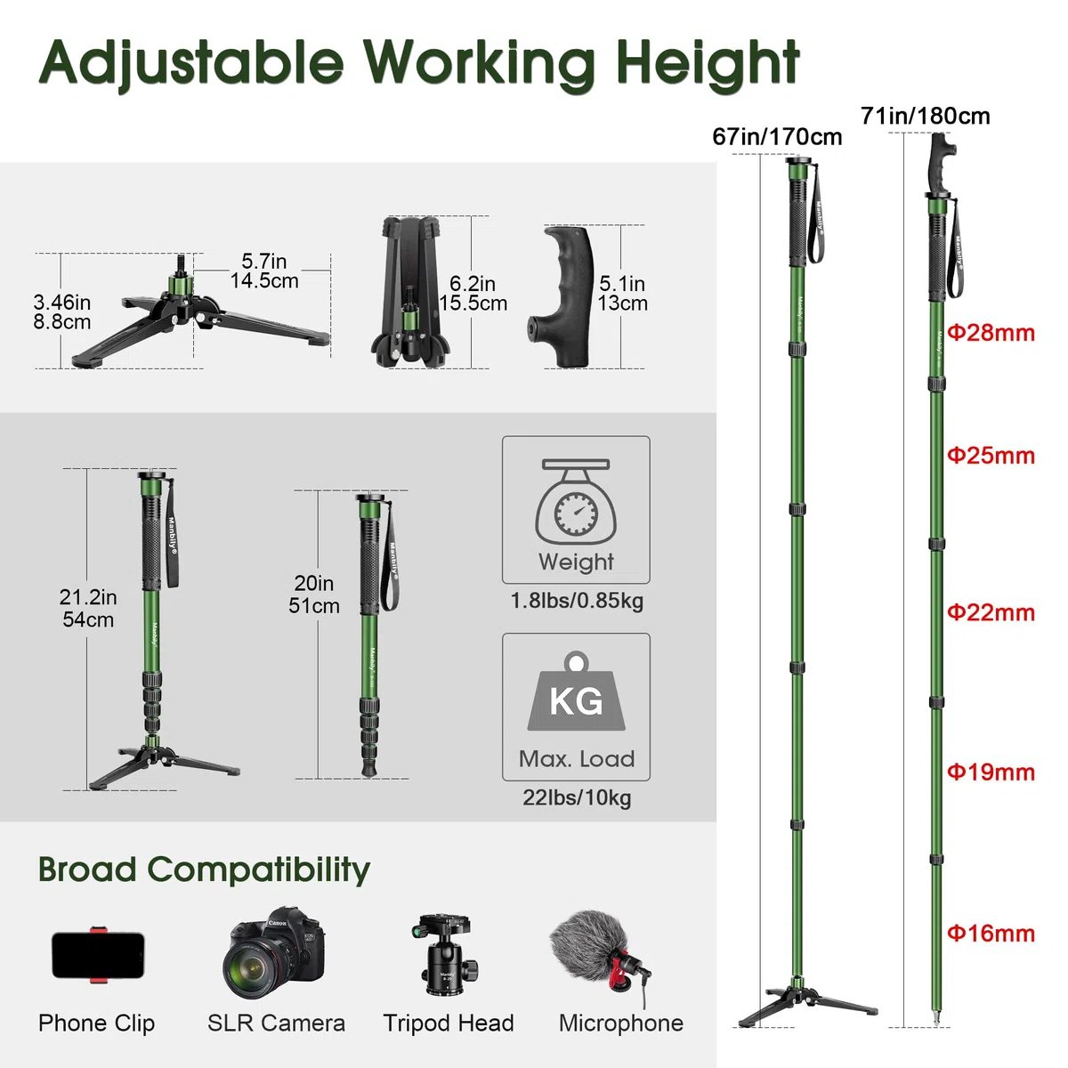 Manbily Kamera-Einbeinstativ mit Standfuß & Gehstockgriff aus Aluminium, 5 Abschnitte bis zu 180cm, Wanderstöcke Reise-Einbeinstativ Tragbar Kompakt Leicht mit füßen Max 10KG DSLR Kamera Videokamera