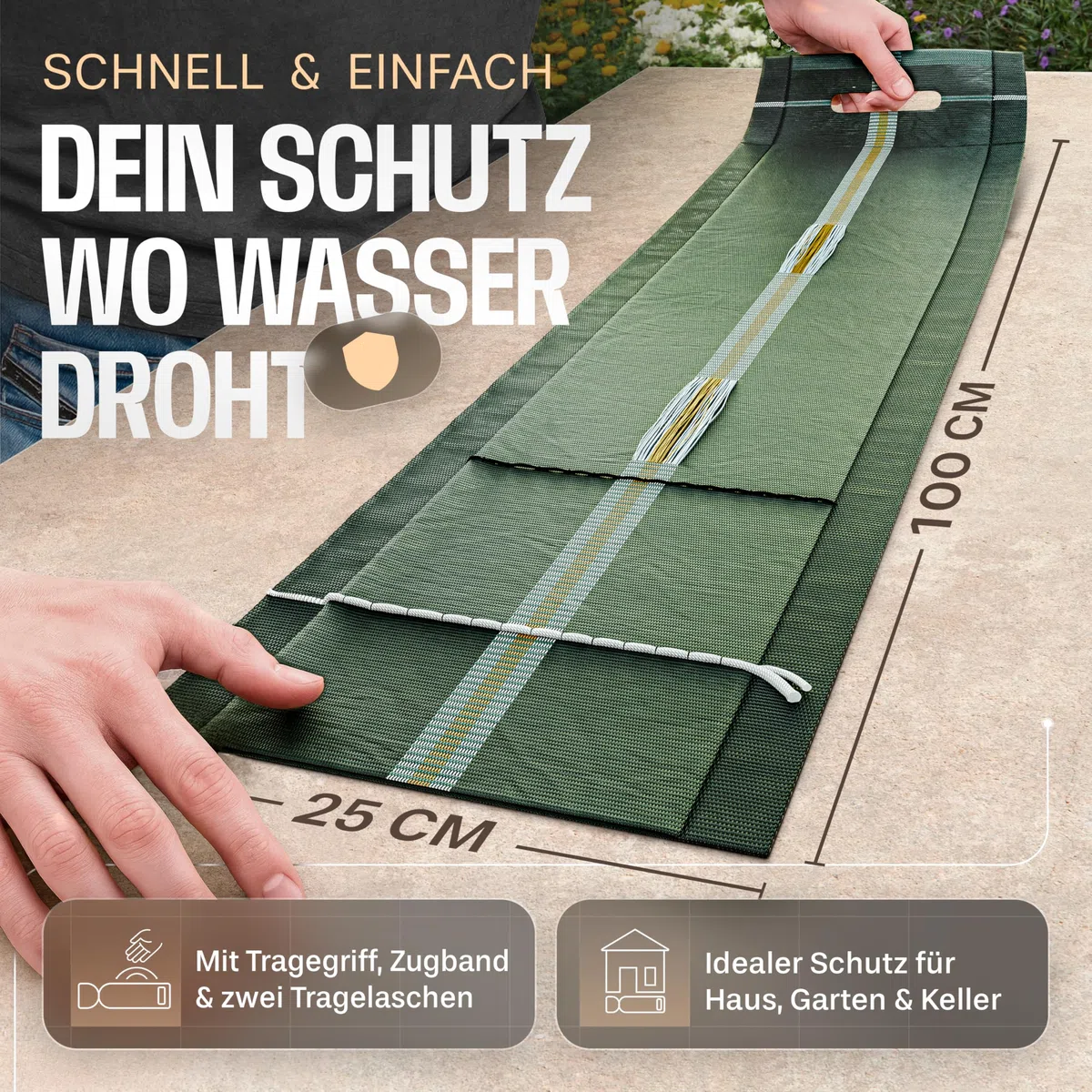 10x Sandsäcke Silosandsäcke geeignet für Hochwasserschutz, 25cm x100cm mit Griff, Zugband und Tragegriffen, Silosäcke zum befüllen, UV-beständiges hochwertiges Monofilgewebe