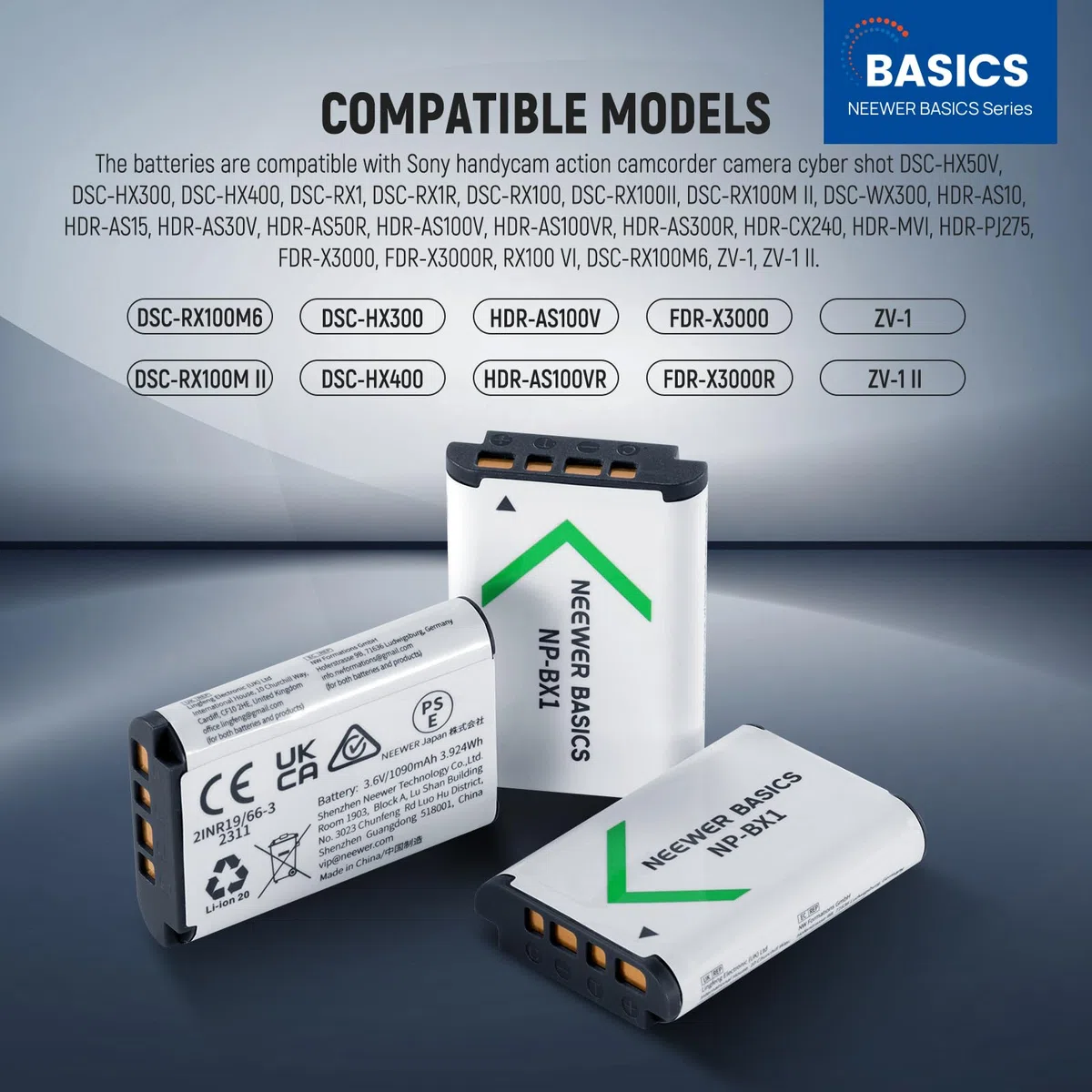 NEEWER Basics 3 Stück NP-BX1 Ersatzbatterien mit USB Dreifach Ladegerät, 1090mAh Kamera Backup Stromversorgung Kompatibel mit Sony ZV1 ZV-1 II Cybershot RX100 RX100II RX100M II HDR-AS15 HDR-AS30
