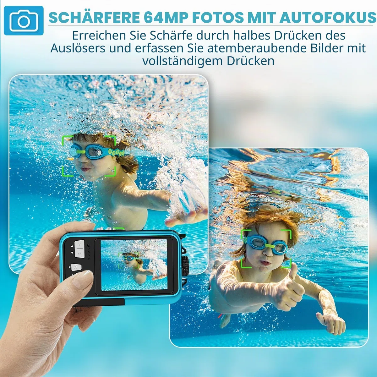 64MP Unterwasserkamera mit 64GB Speicherkarte, 4K unterwasser kamera mit Autofokus & Dual-Selfie-Bildschirmen, 5 Meter kamera wasserdicht, digitalkamera wasserdichte für Kinder & Schnorcheln (2 Akkus)