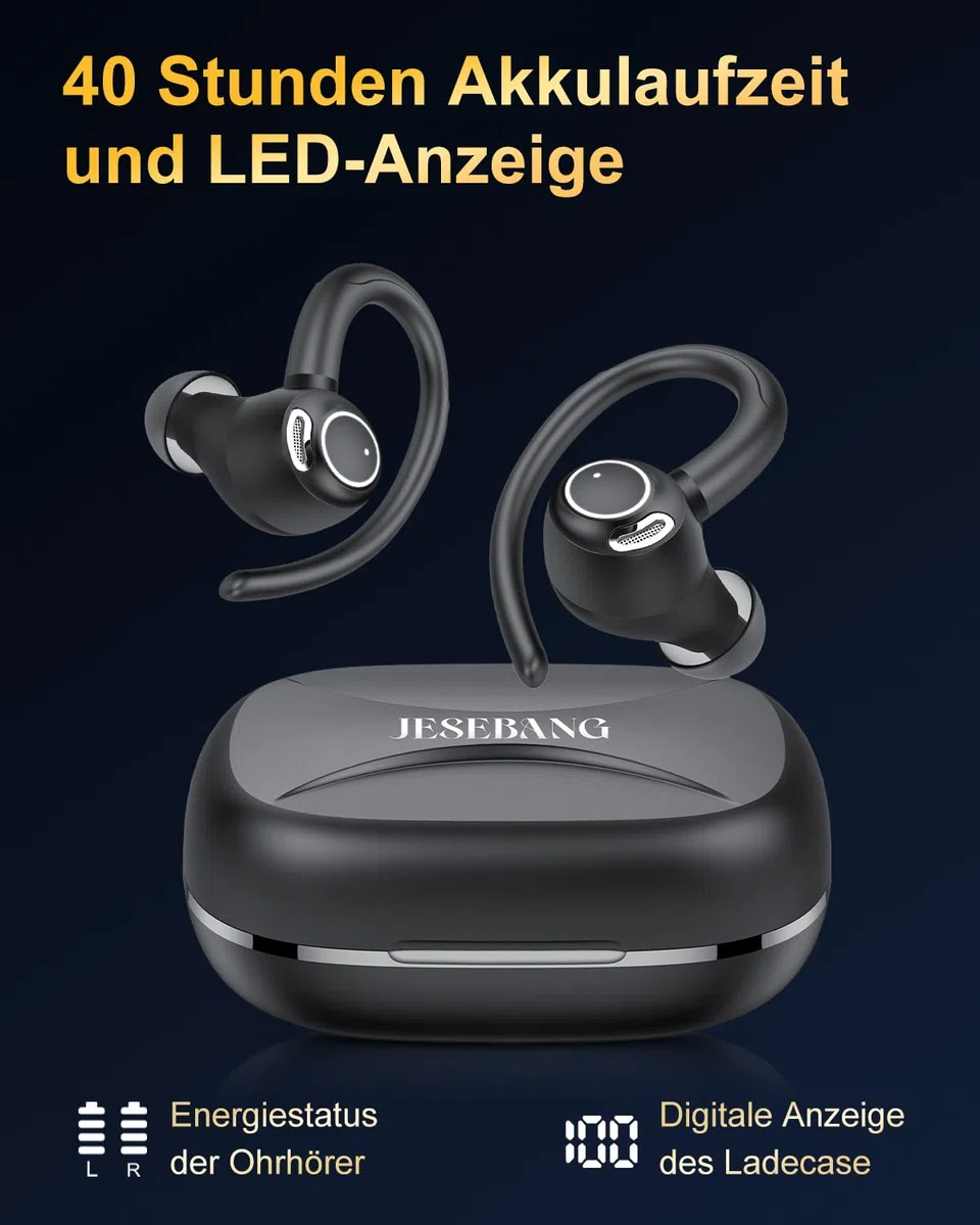 Jesebang Bluetooth Kopfhörer Sport, in Ear Kopfhörer Kabellos Bluetooth 5.4 mit HD Mic, Herausragender Sound, 40 Std Spielzeit, Comfort Fit, Dual LED-Anzeige, IP7 Wasserdicht Ohrhörer mit Ohrhaken