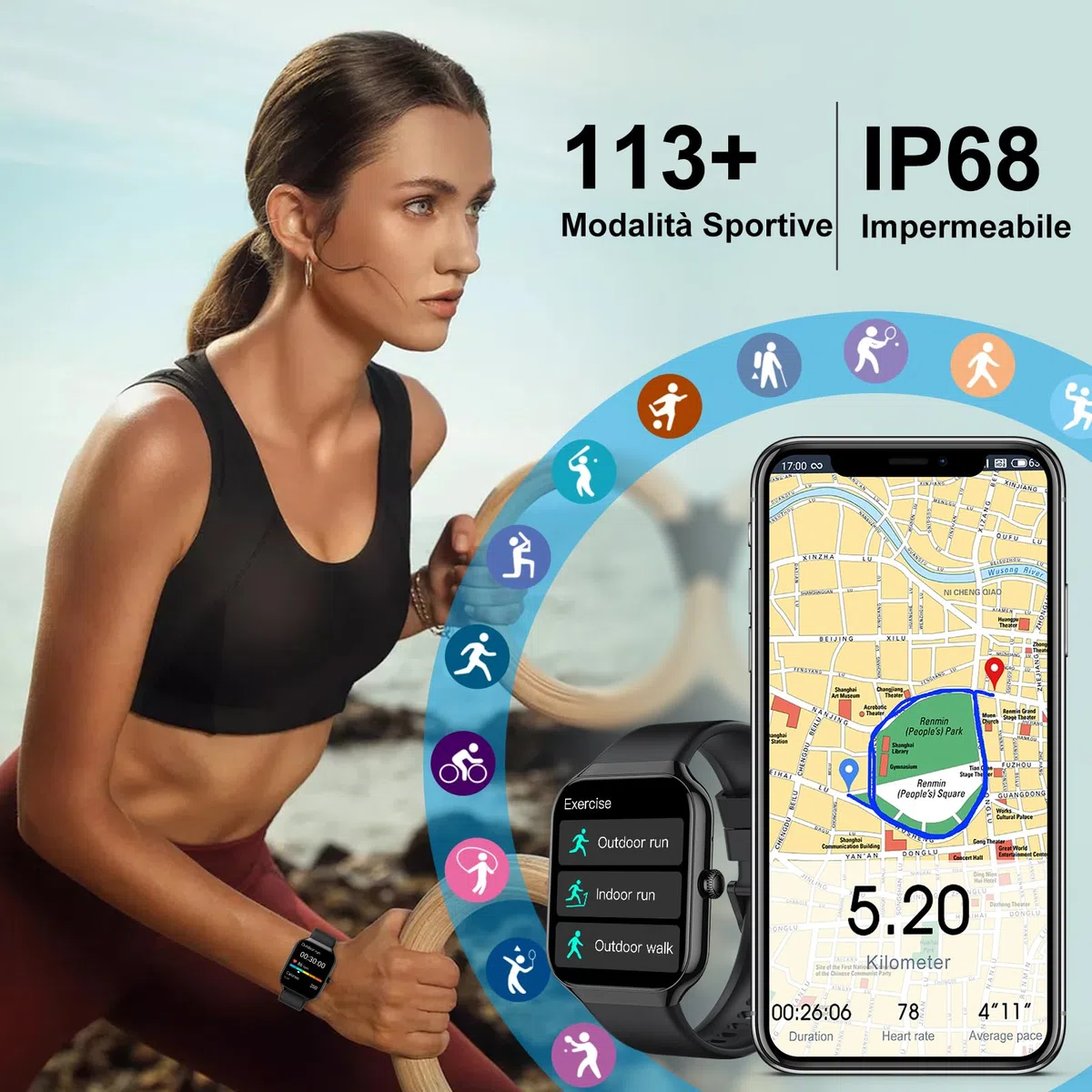 Smartwatch Herren Damen, 1.96" Fitnessuhr Herzfrequenz Schlafmonitor Schrittzähler Uhr Smart Watch, Bluetooth Anrufe, 113+Sportmodi Sportuhr, IP68 Wasserdicht Fitness Tracker für iOS Android Schwarz