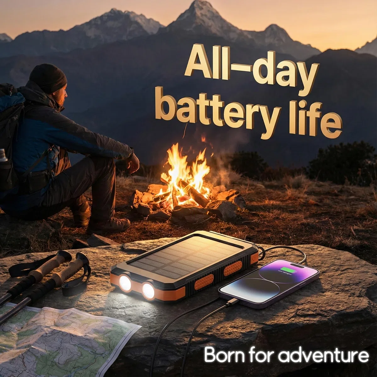 Solar Powerbank 20000mAh, Wasserdichtes USB C Externer Akku mit 2 Outputs, 2 USB-Anschlüssen, LED-Taschenlampen mit Kompass für Outdoor-Aktivitäten