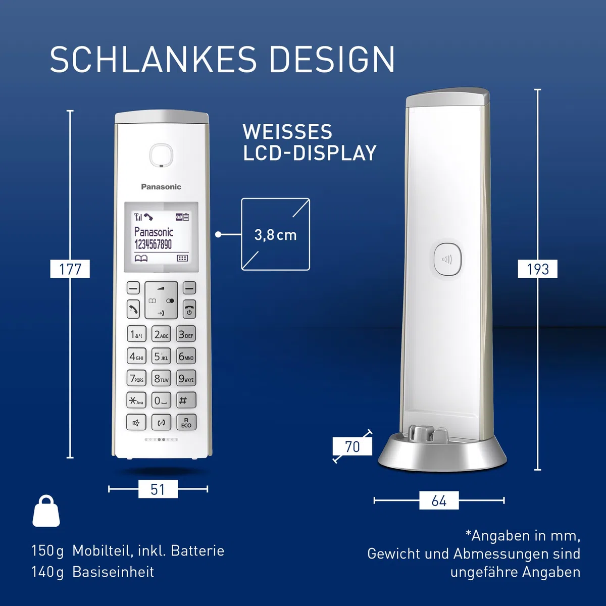 Panasonic KX-TGK220GN Design-Schnurlostelefon mit Anrufbeantworter, Station & Hörer, Freisprecheinrichtung, weißes LCD, Blockierung störender Anrufe, Hörer-Magnet, Champagnergold