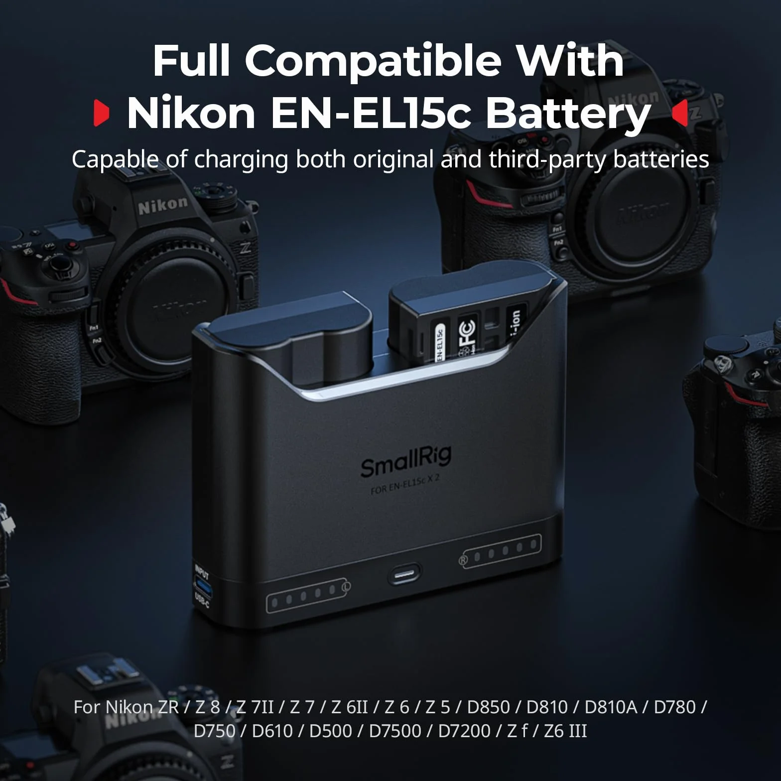 SMALLRIG EN-EL15c Kamera-Akkuset für Nikon, 22,5-W-Doppel-Ladegerät, 1940-mAh-Akkus, vollständig für Nikon ZR, Z6III, Zf, Z8, Z7II, Z7, Z6II, Z6, D850, D810, D780, D750, D500, D7500, D7200-5486