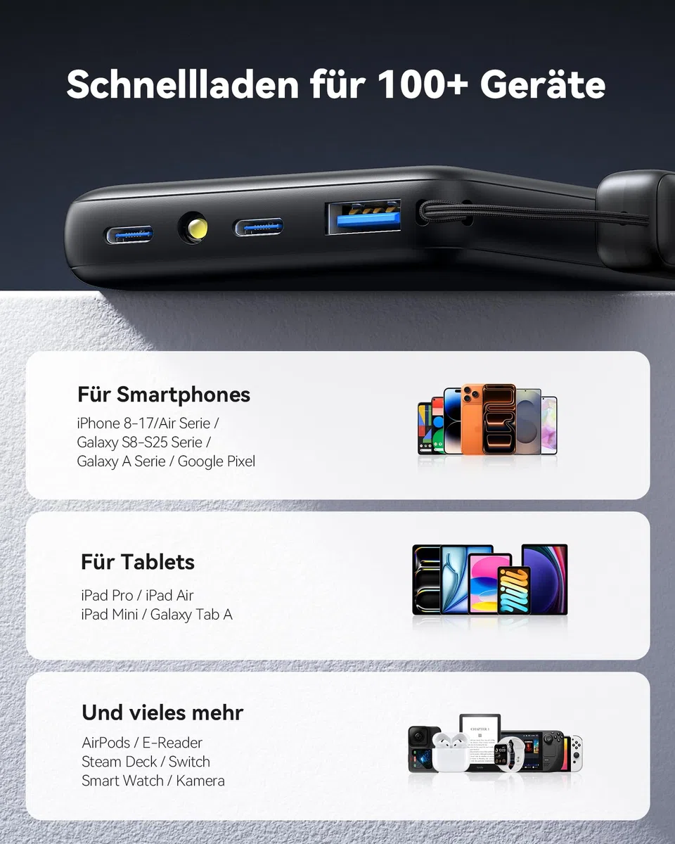 INIU Power Bank, Kleiner 45W Schnellladen 10000mAh Powerbank mit Abnehmbar USB C Kabel, Flugtauglich & Reise-Essential, Externe Handyakkus für iPhone 17 16 15 Pro, Samsung S25, Xiaomi, iPad etc
