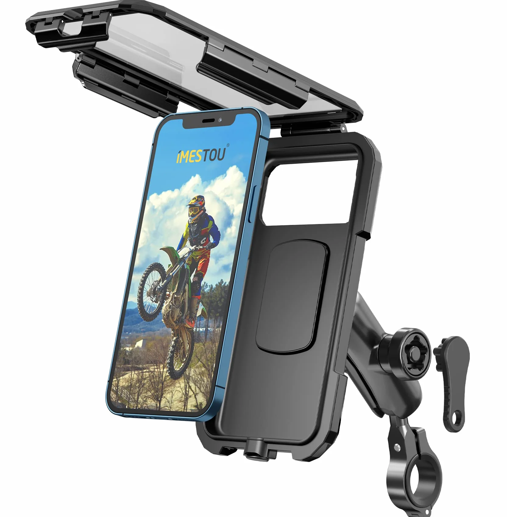 iMESTOU wasserdichte IP67 Motorrad Telefonhalterung, Fahrradhalterung mit 2,5 cm (1 Zoll) Doppelkugelsockel-Armen (S– für 3,5-6,1 Zoll Handys)