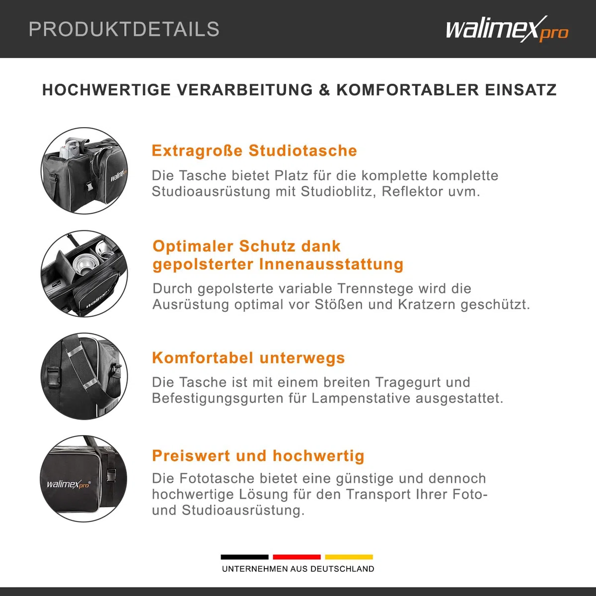 Walimex Pro Studiotasche XL – Schwarz – 750 x 300 x 330 mm – Fototasche für Studioblitz, Reflektoren, Stative und anderes Studiozubehör – Foto Equipment Kamerazubehör