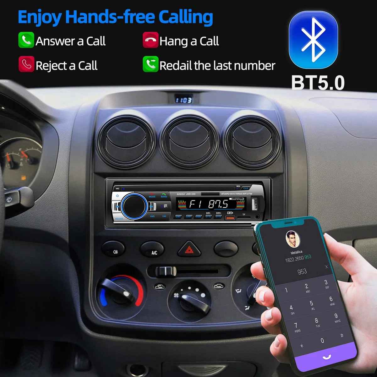 Autoradio Bluetooth 5.0, 4x60W 1 Din FM Auto Radio mit Freisprechfunktion, Stereo-Sound mit Uhr/Fernbedienung/Doppel-USB/LCD Bildschirm Unterstützt 2 USB/AUX/SD/TF/EQ/DSP