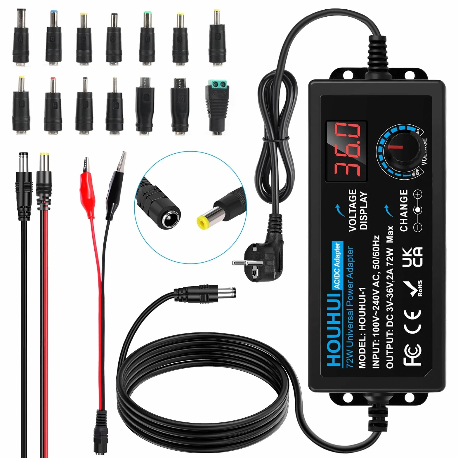 3V-36V Einstellbares Netzteil Universal Netzteiladapter 2A 72W Verstellbarer Netzadapter 100V-240V AC to DC mit LED Spannungsanzeige und 5,5x2,5mm 16Tipps für Haushaltselektronik, DC Motor 2A Max