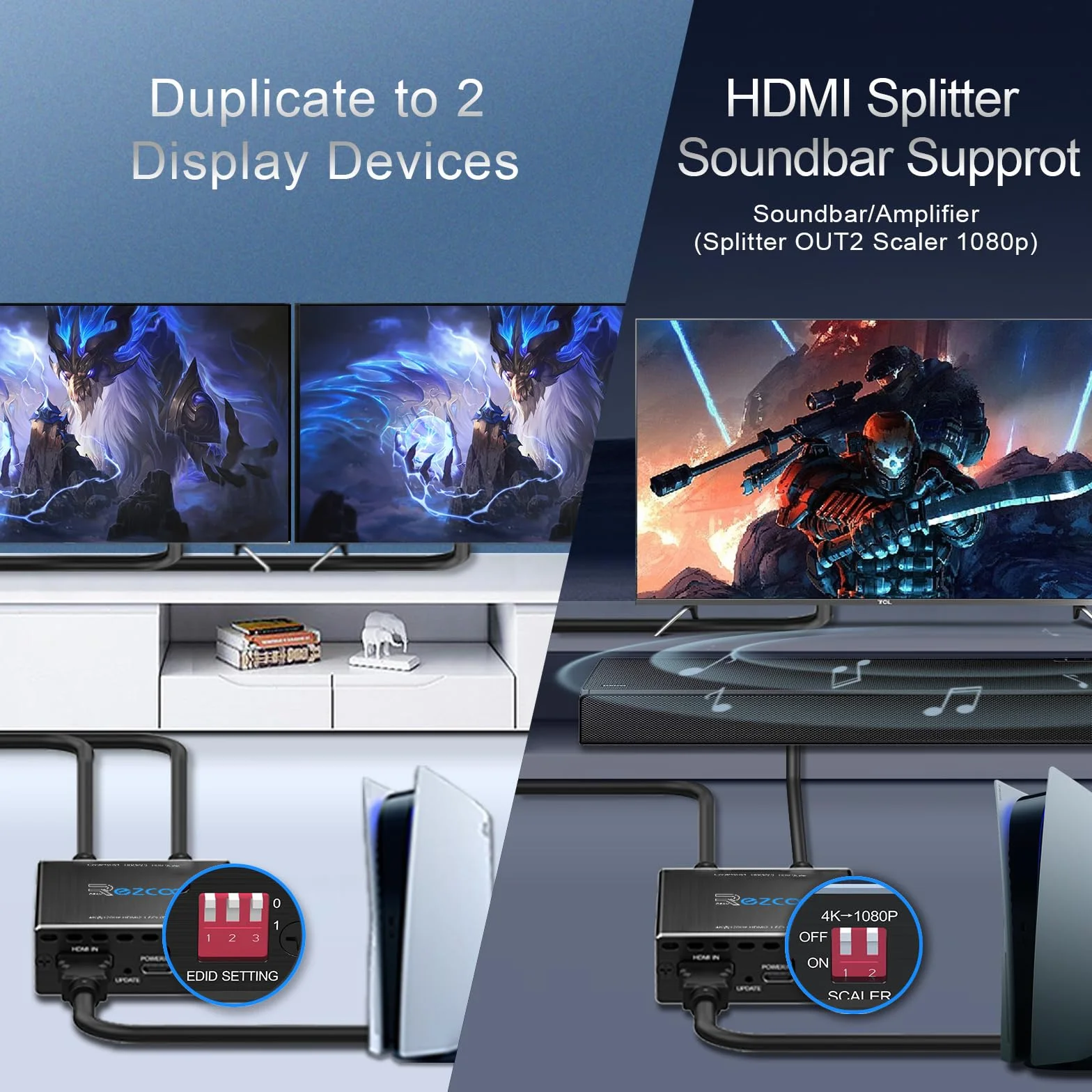 ROFAVEZCO 4K 120Hz HDMI 2.1 Splitter 8K 60Hz 1 in2 Out VRR ALLM HDCP2.3 HDR10 8KUHD Dolby Vision Atmos Scaler 4K 1080P EDID Dual Monitore HDMI Splitter 1X2 für PS5 SkyQ Xbox NVIDIA AMD
